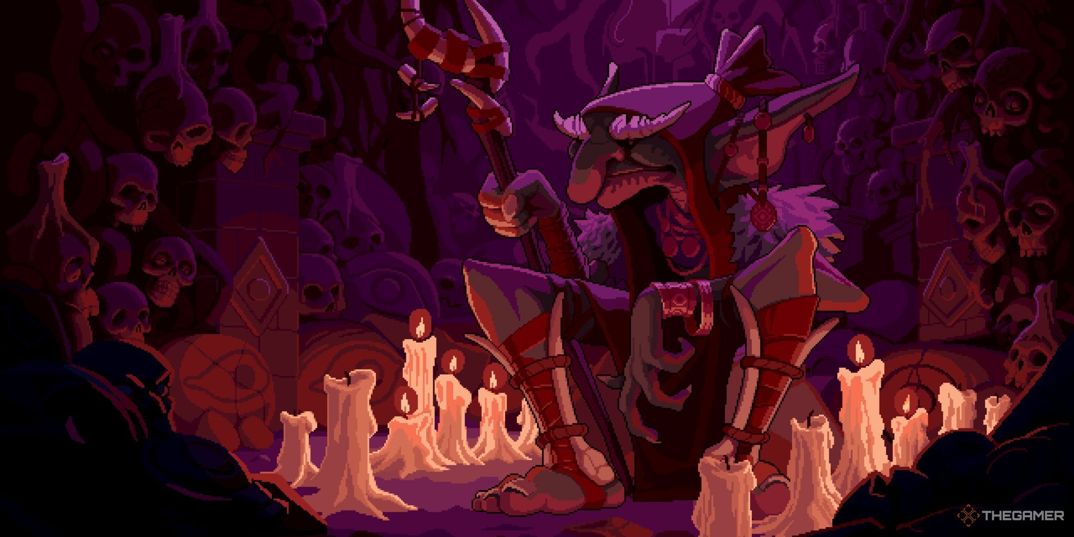 an old goblin with a staff sits in a candlelit cave in the king is watching.