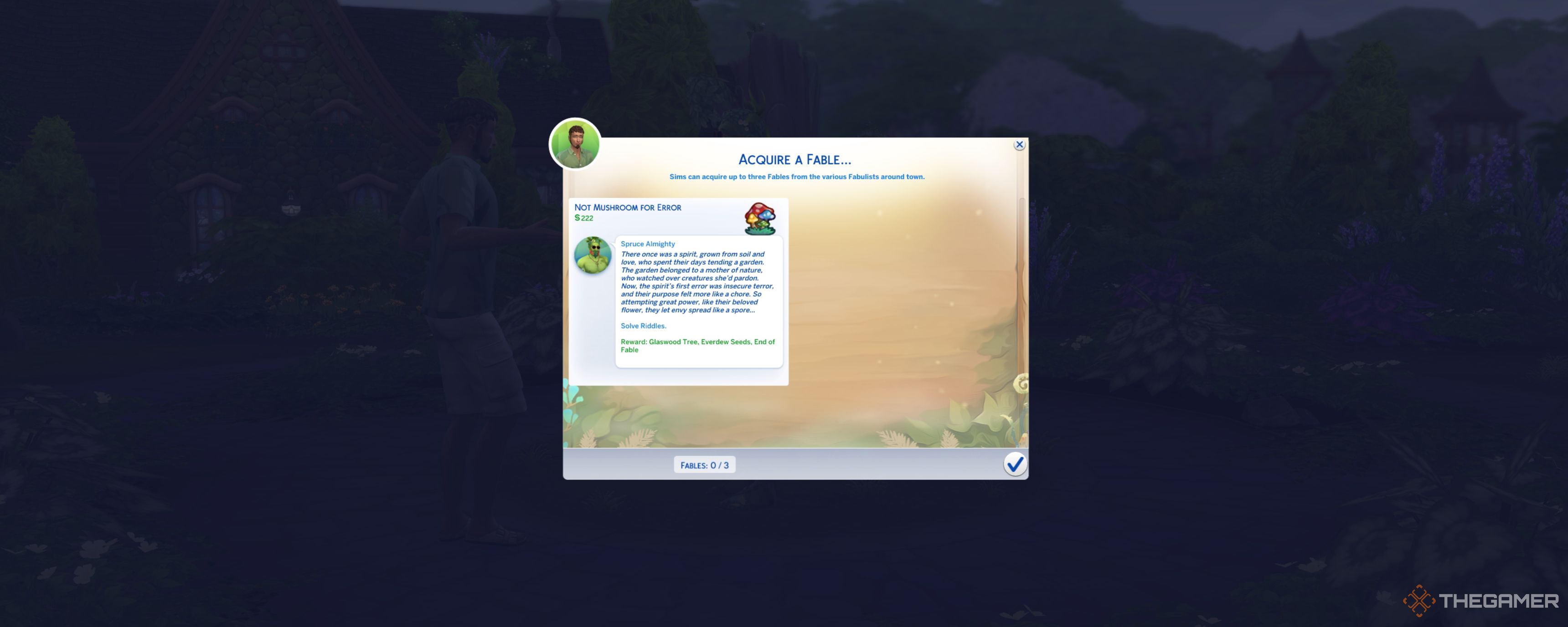 The not mushroom for error fable pop up screen in The Sims 4 Enchanted By Nature.