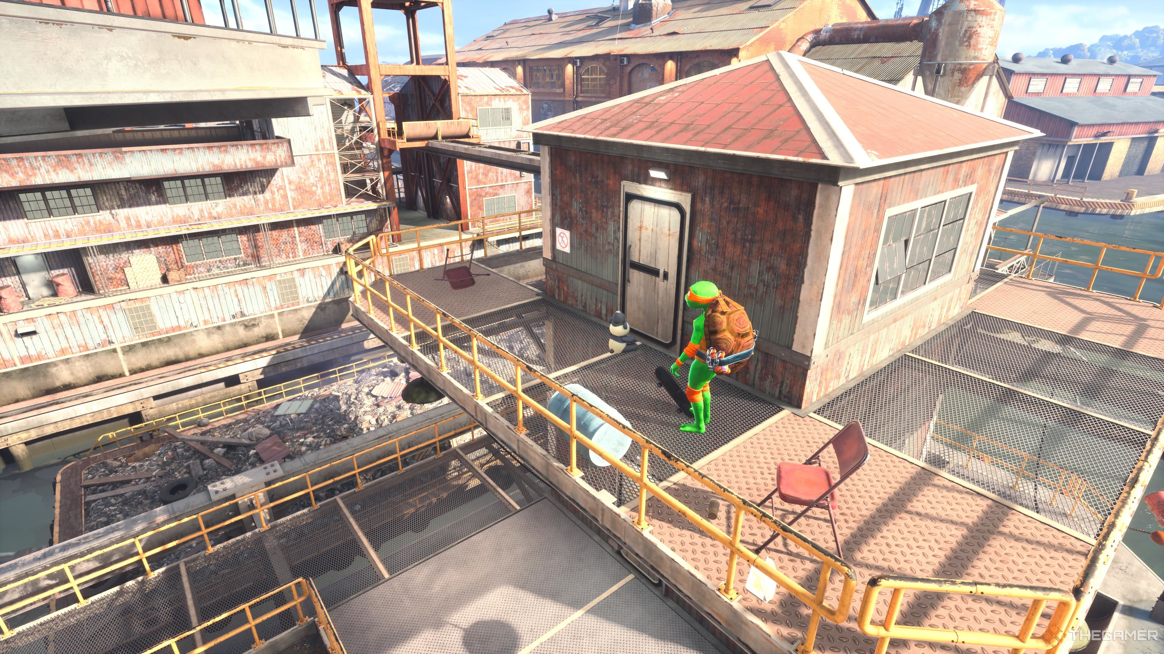 The Panda sitting on the balcony of a building on the Shipyard stage in Tony Hawk's Pro Skater 3 + 4.