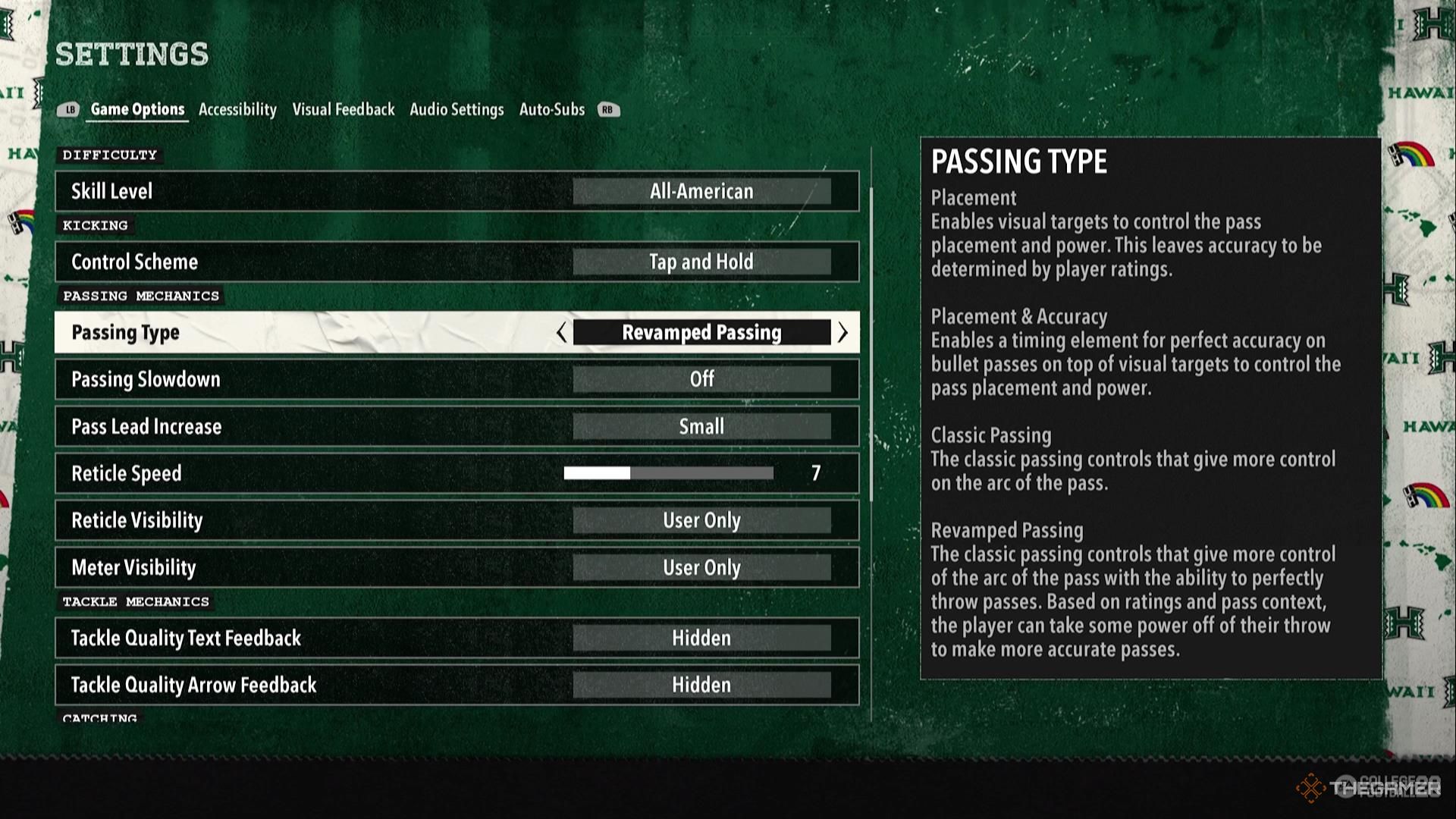 The passing type options in College Football 26.