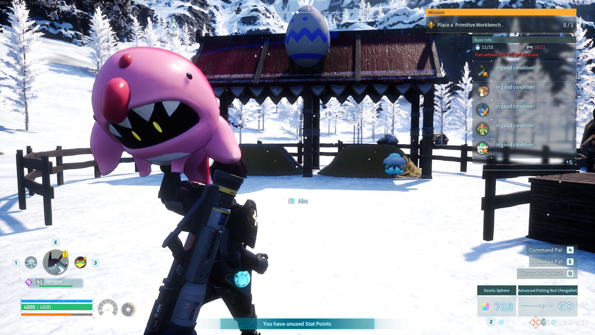 The player carries a Finsider Ignis to breeding farm in Palworld.