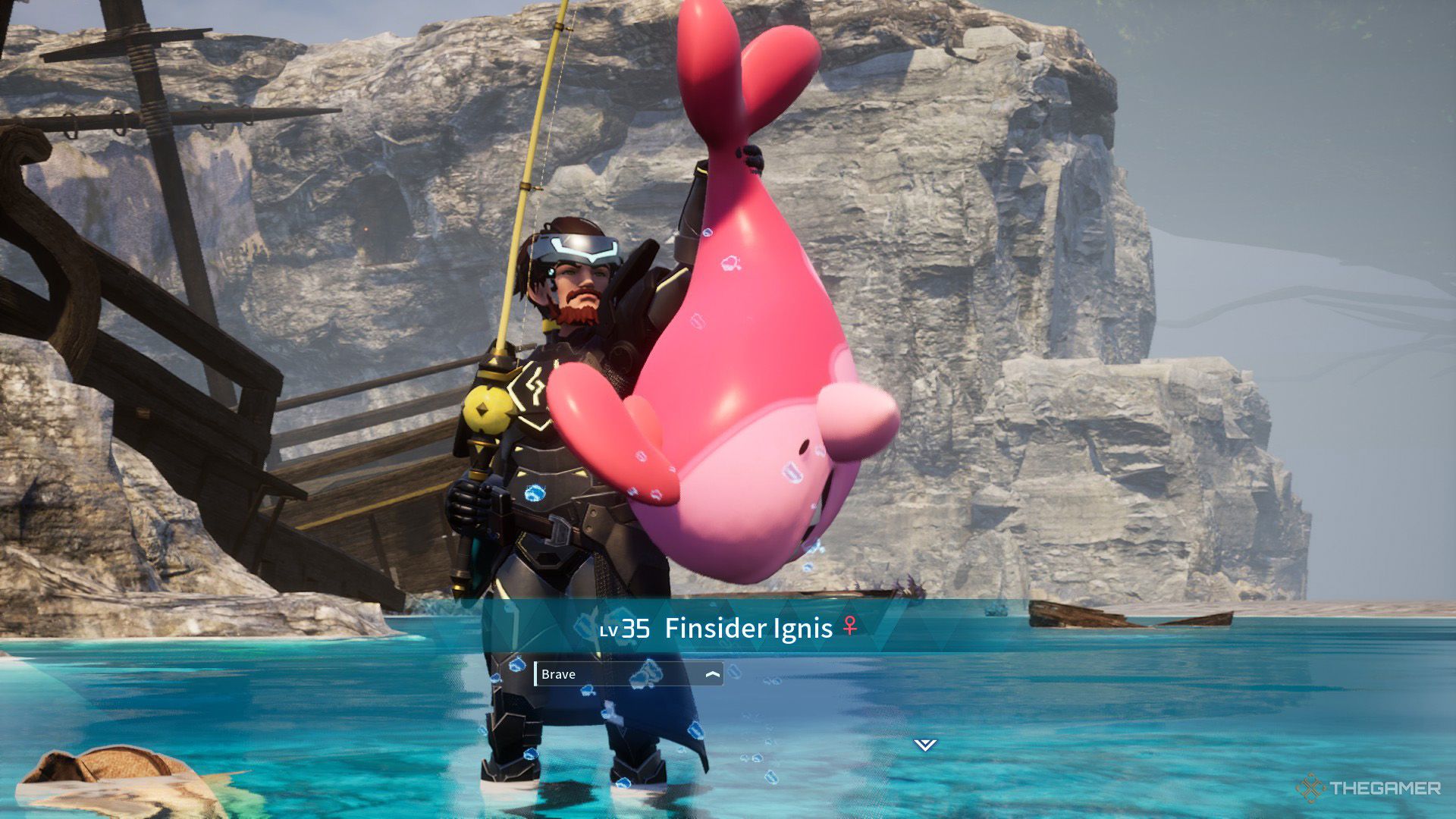 The player catches a wild Finsider Ignis while fishing in Palworld.