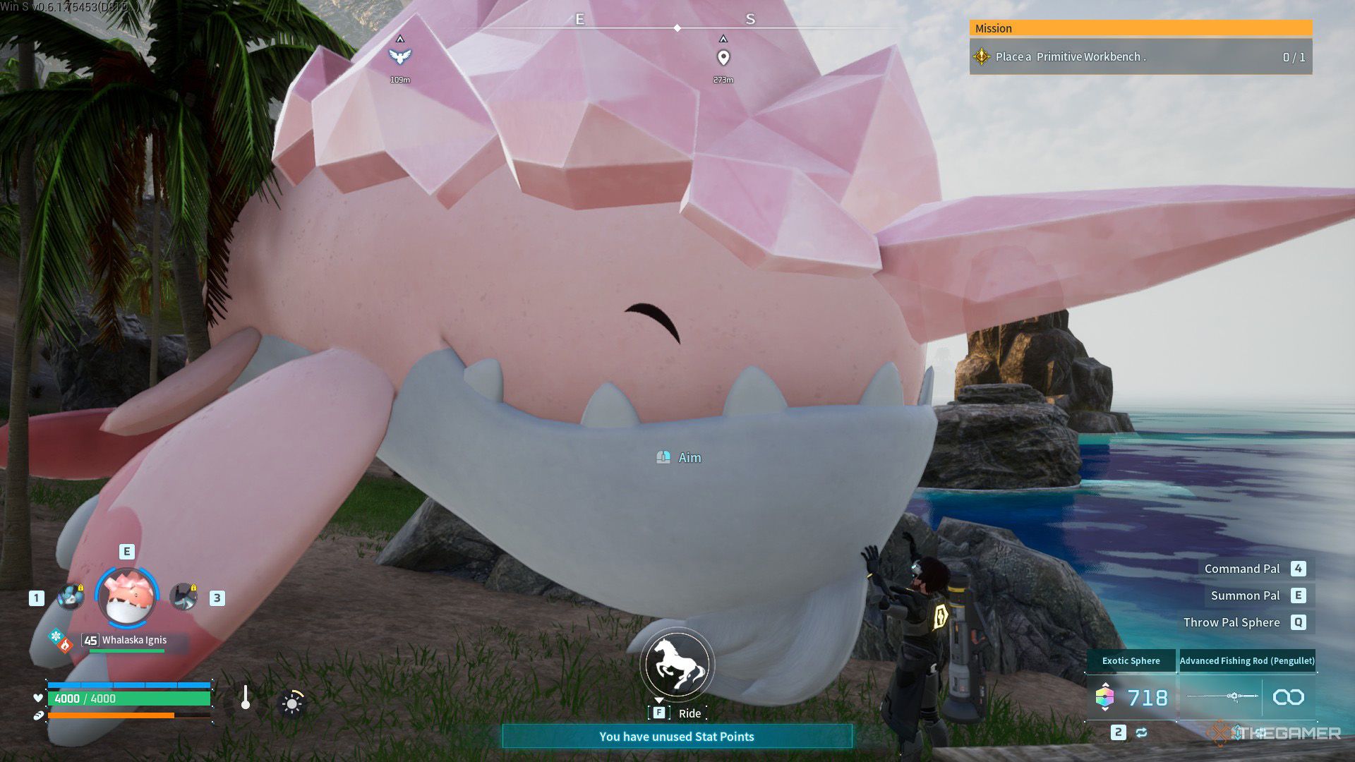 The player is petting a Whalaska Ignis in Palworld.