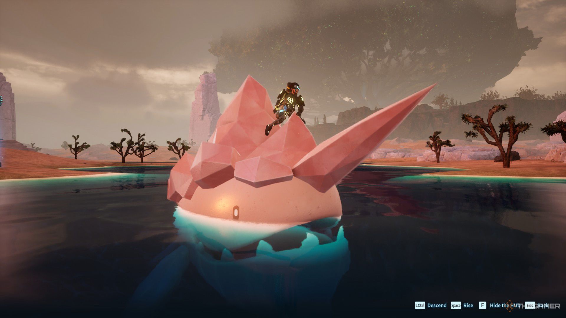 The player is using a Whalaska Ignis as a mount in Palworld.