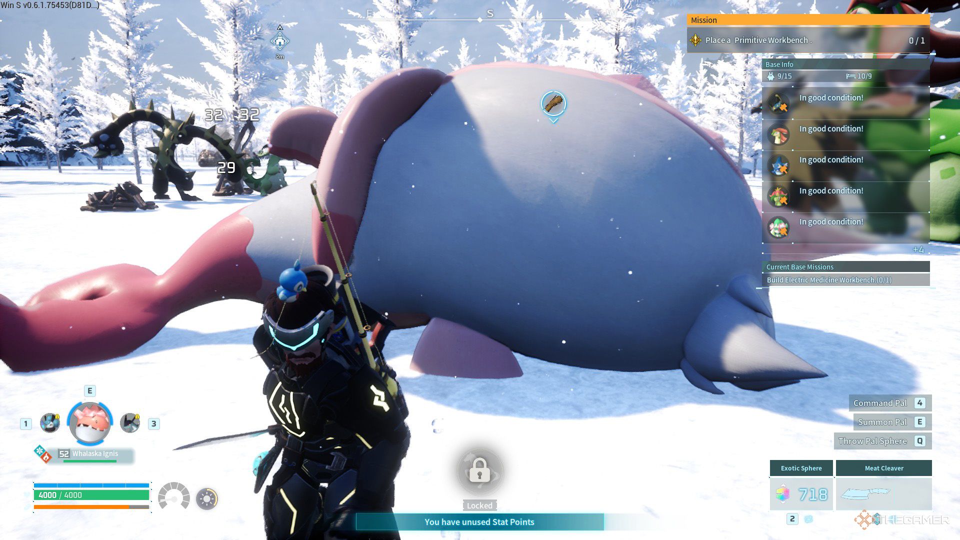 The player slaughters a Whalaska Ignis in Palworld.