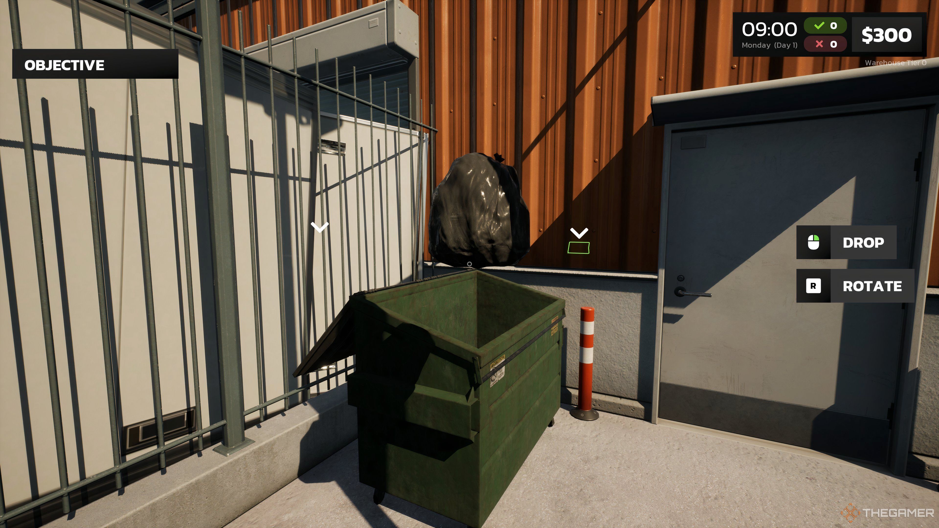 Throwing away garbage bags in a green dumpster in Parcel Simulator.