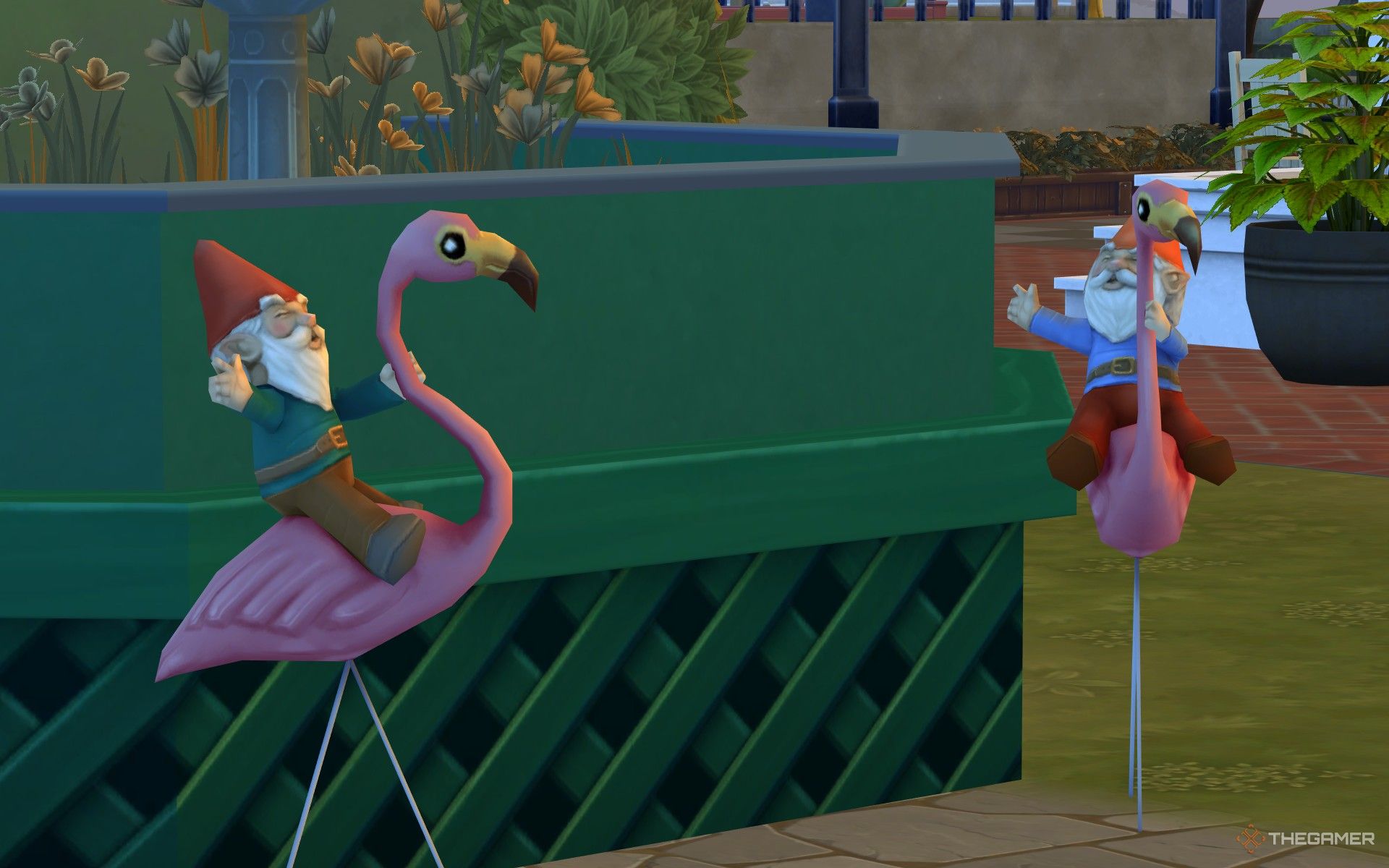 Two gnomes riding lawn flamingoes in Innisgreen in The Sims 4 Enchanted by Nature.