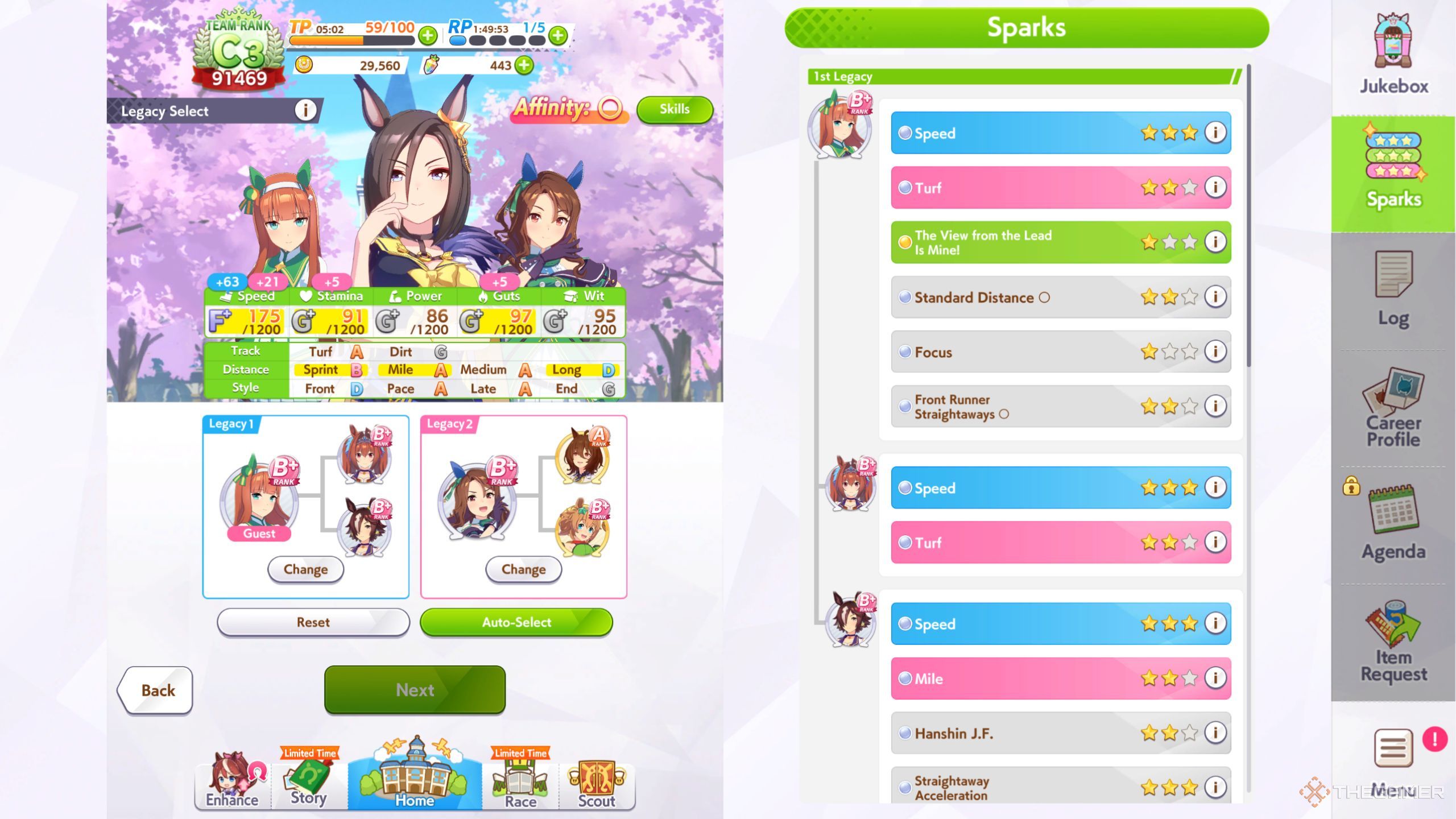 Umamusume Pretty Derby Air Groove stats and legacy card screen.