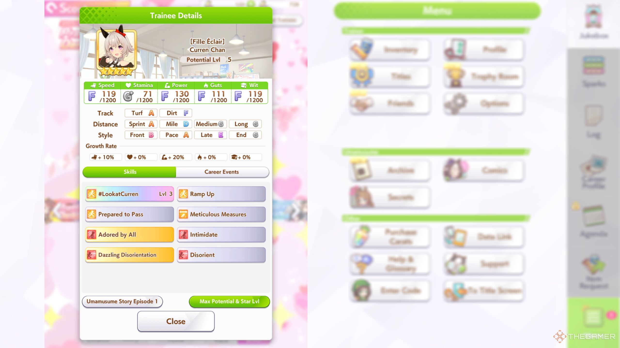 Umamusume Pretty Derby Curren Chan base stats and skills.