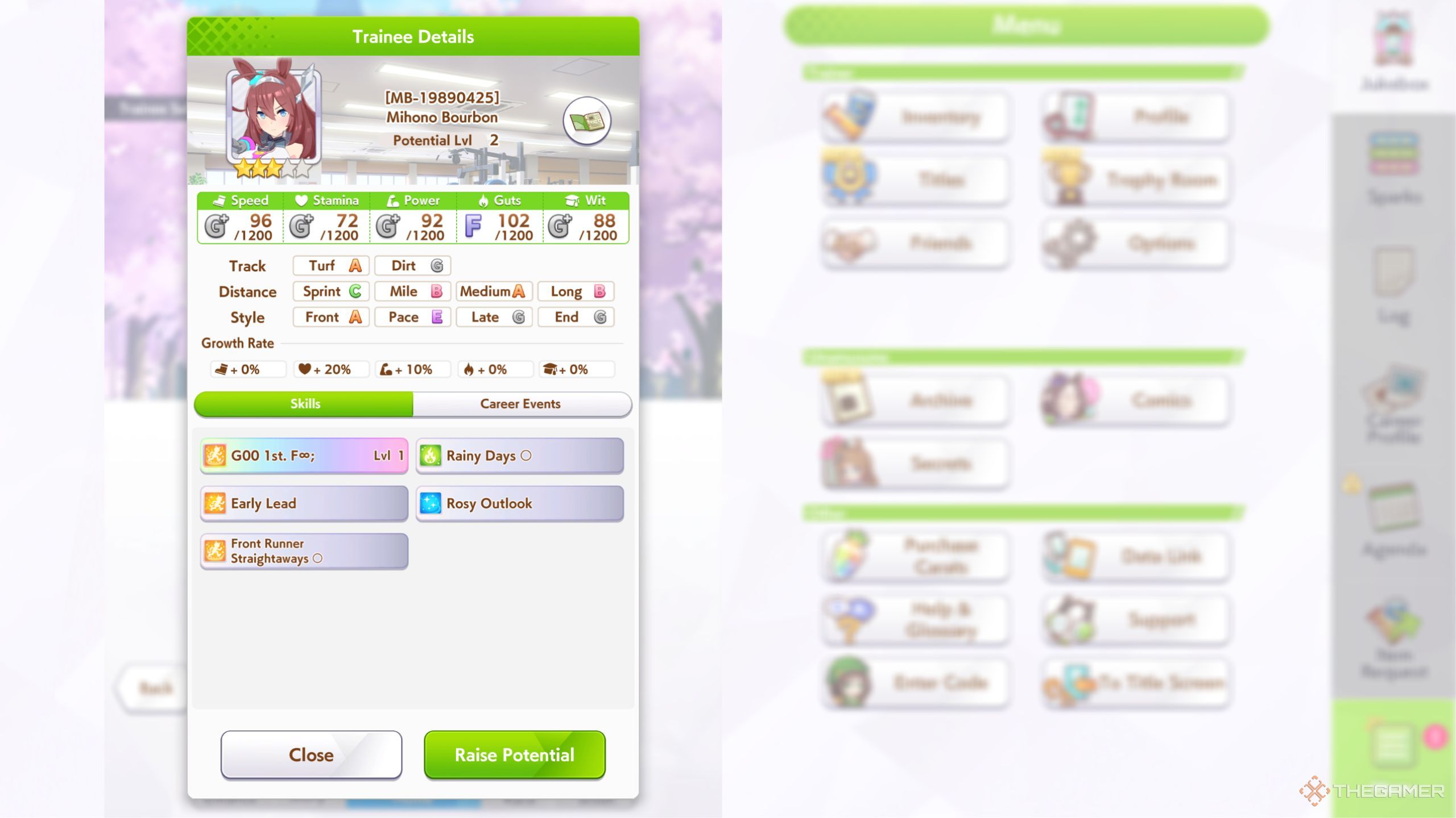 Umamusume Pretty Derby Mihono Bourbon basic stats and skills.