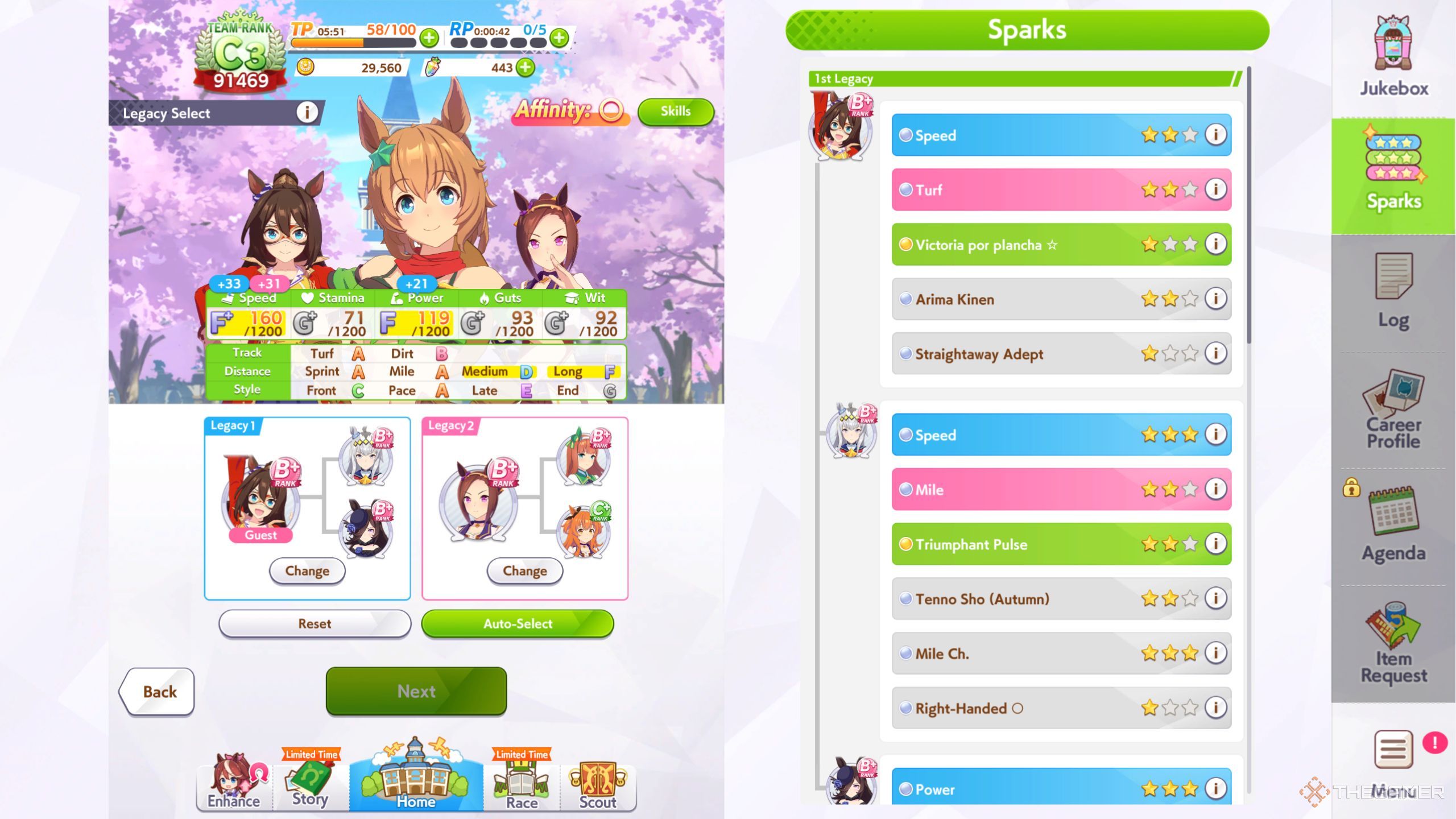 Umamusume Pretty Derby Taiki Shuttle showing her stats and legacy cards.