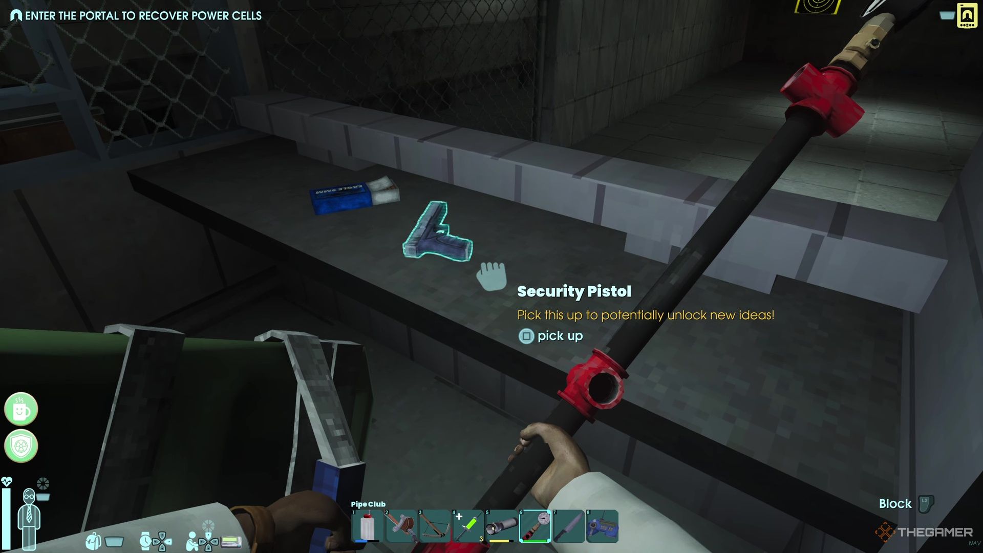 Player character standing near a counter for a shooting range with a Security Pistol and ammo on it in Abiotic Factor.