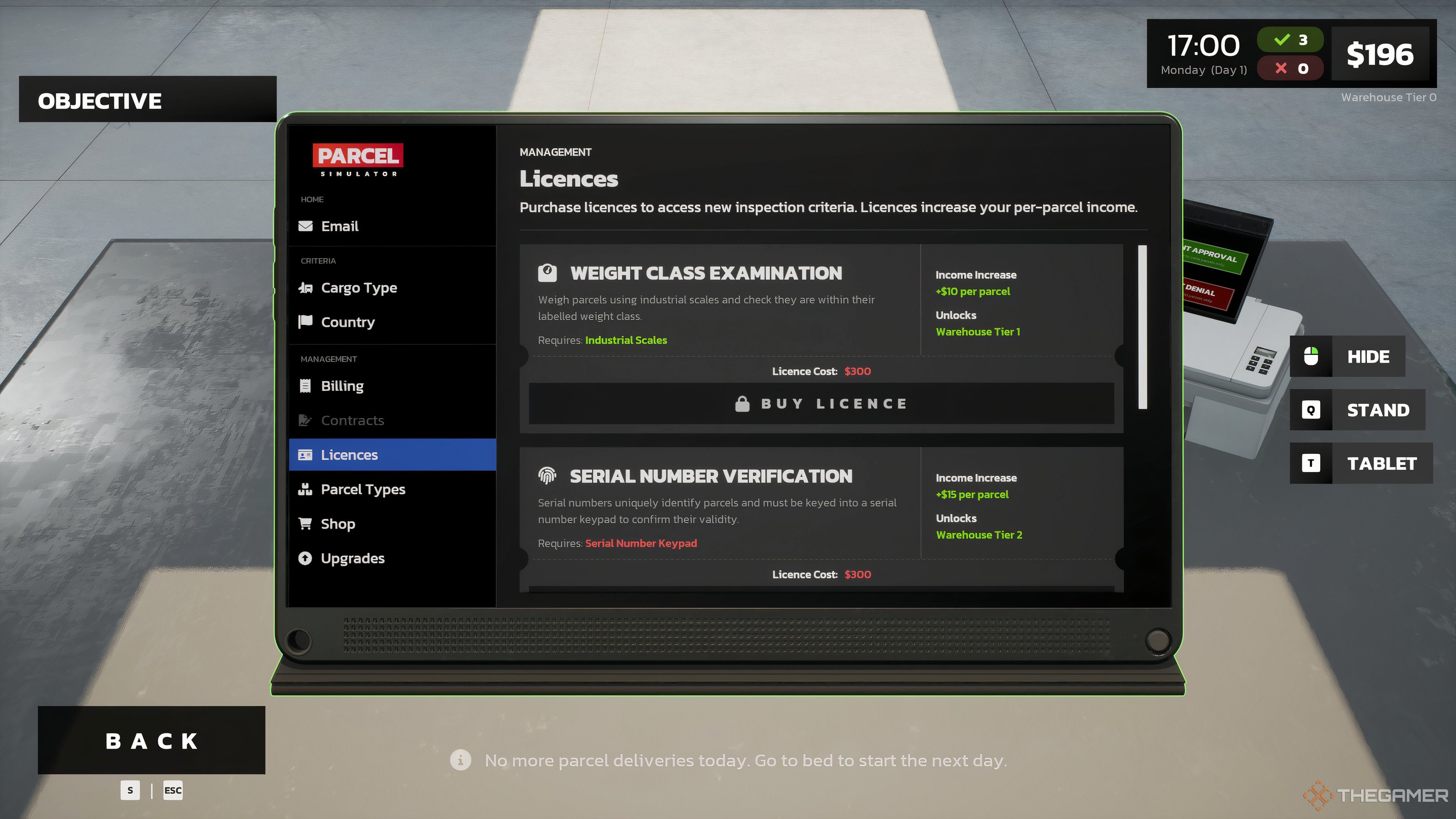 Weight Class Examination License on tablet in Parcel Simulator.