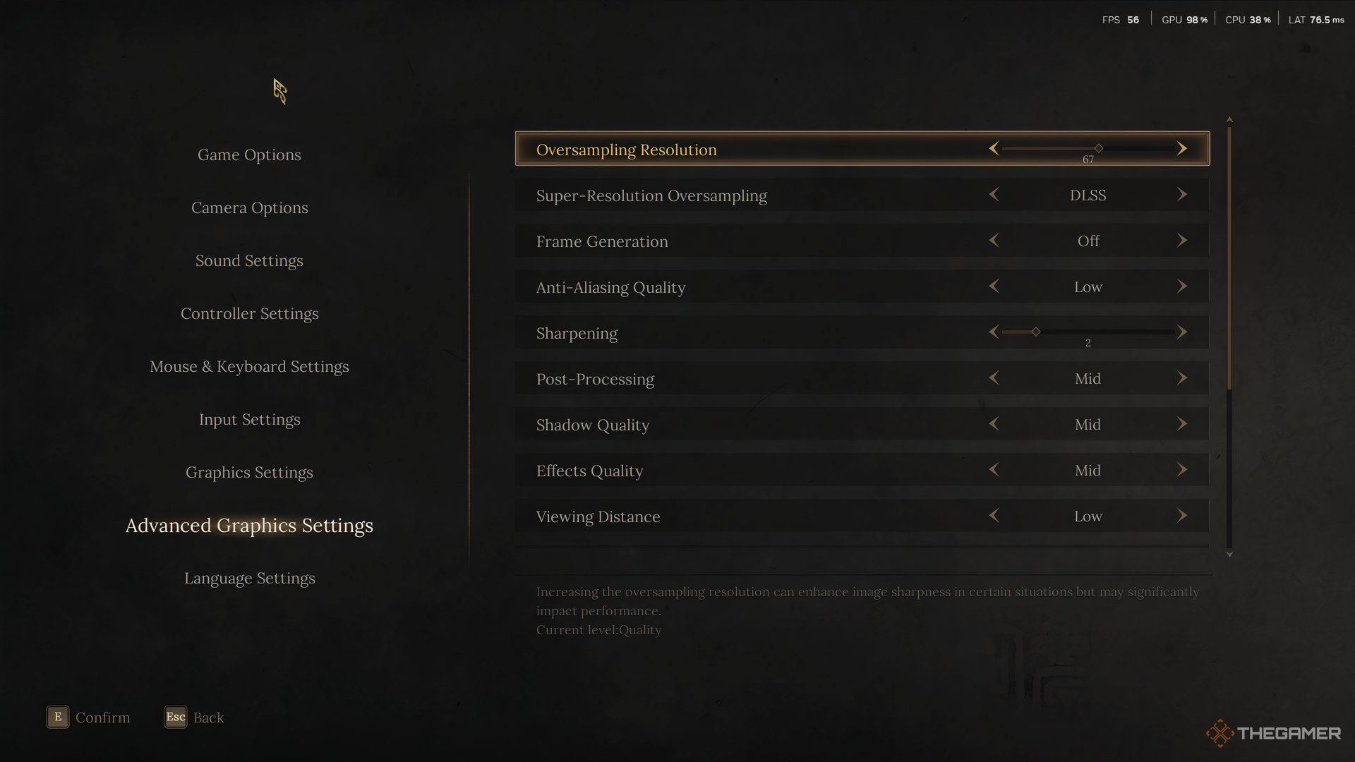In the Advanced Settings menu of Wuchang: Fallen Feathers. The Oversampeling Resolution option is selected.