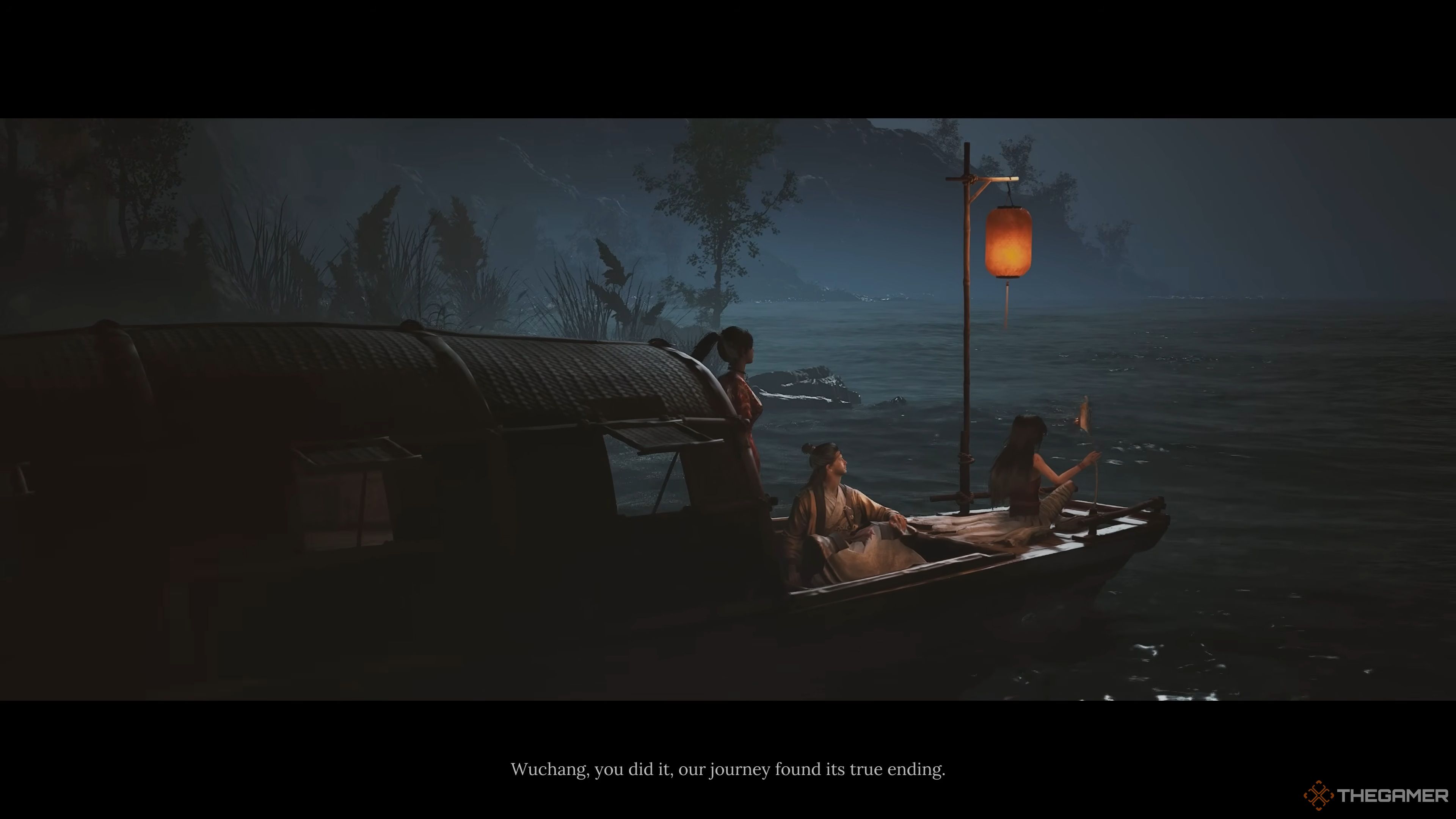 Bai Wuchang, He Youzai, and Fang Yao sailing away on a boat after slaying the Feathery Ambition Xuanyangzi in Wuchang: Fallen Feathers.