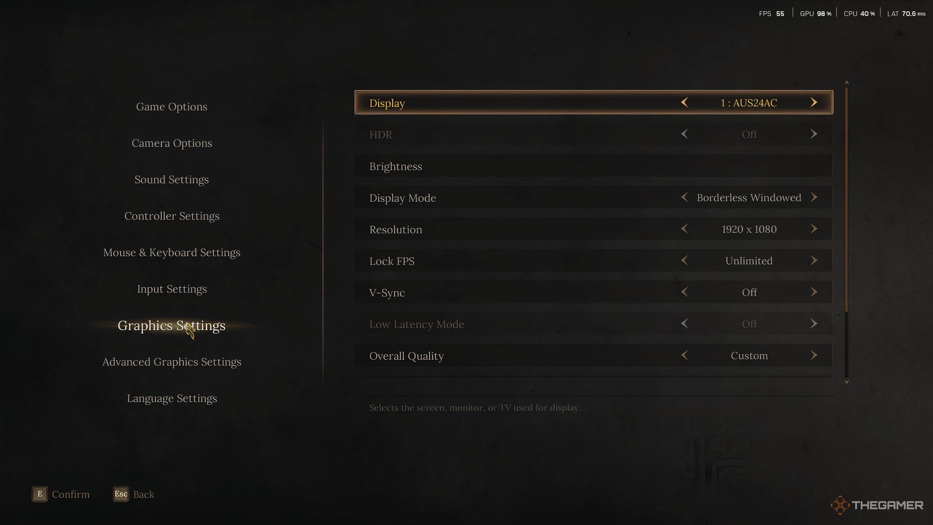 At the Graphic Settings menu in Wuchang: Fallen Feathers. The Display setting is selected.