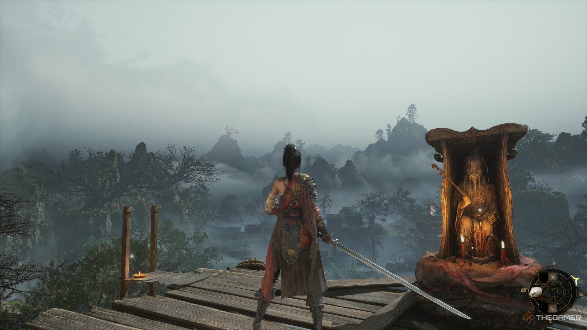 Character on a platform with a small staute on the right and a ladder on the left in Wuchang: Fallen Feathers.