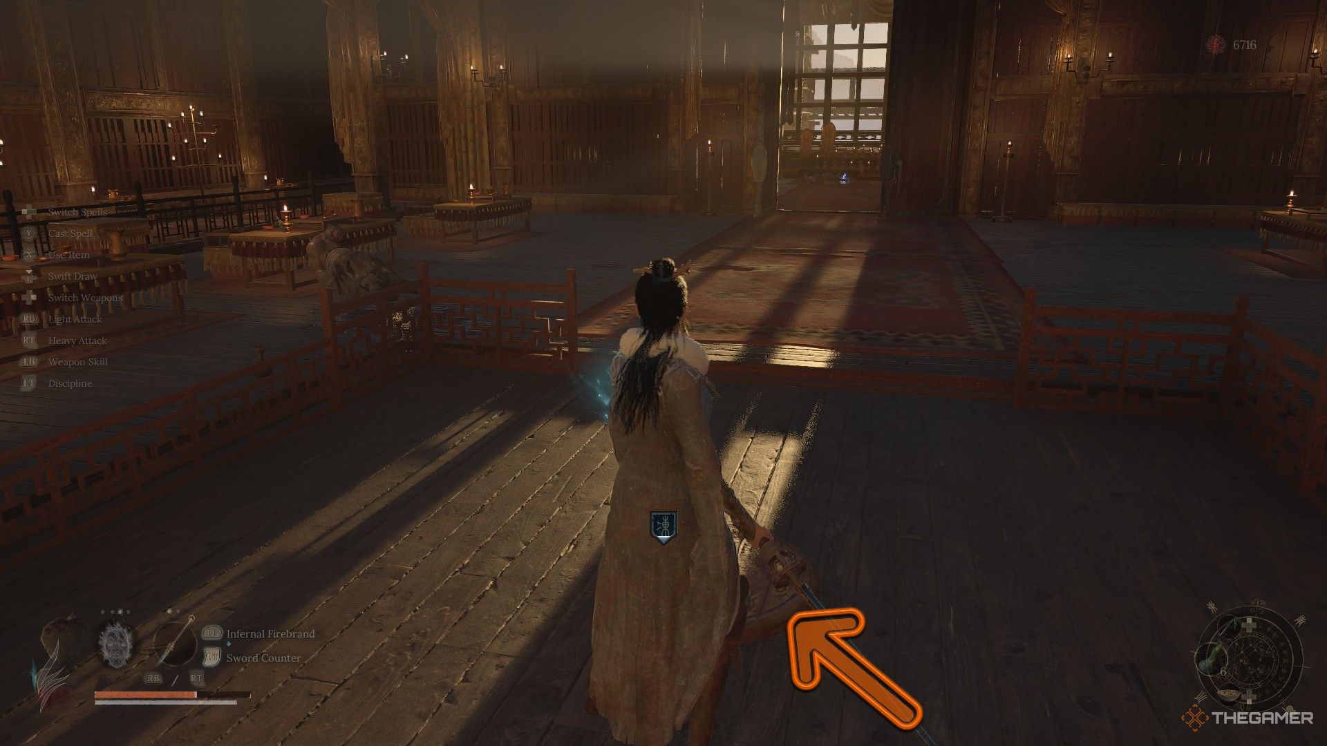 Wuchang stands in front of the elevator button inside the Snowfall Palace in Wuchang: Fallen Feathers.