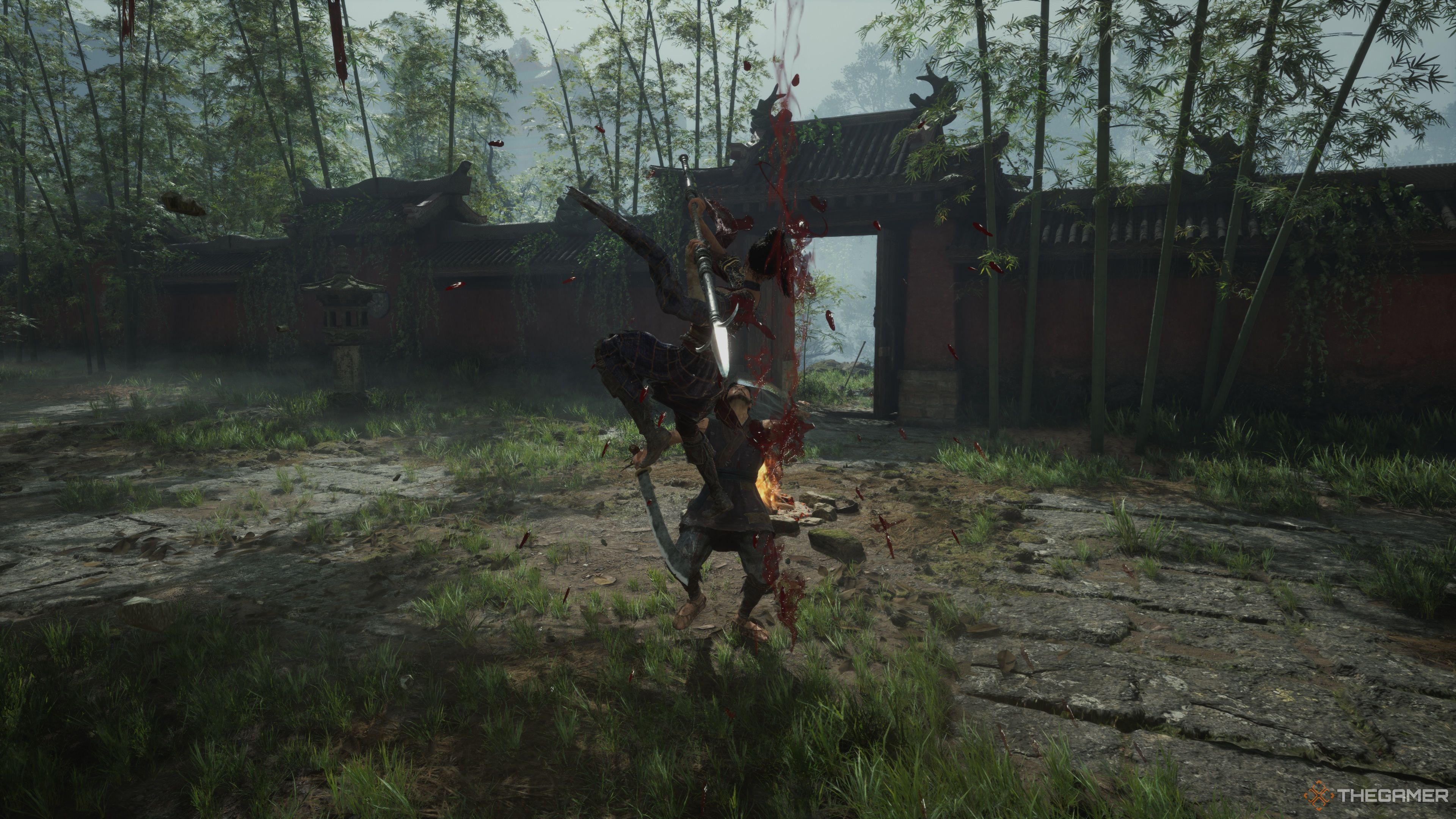 Bai Wuchang landing the finishing attack of her Heavy Combo with the Steampowered Spear on her target in Wuchang: Fallen Feathers.