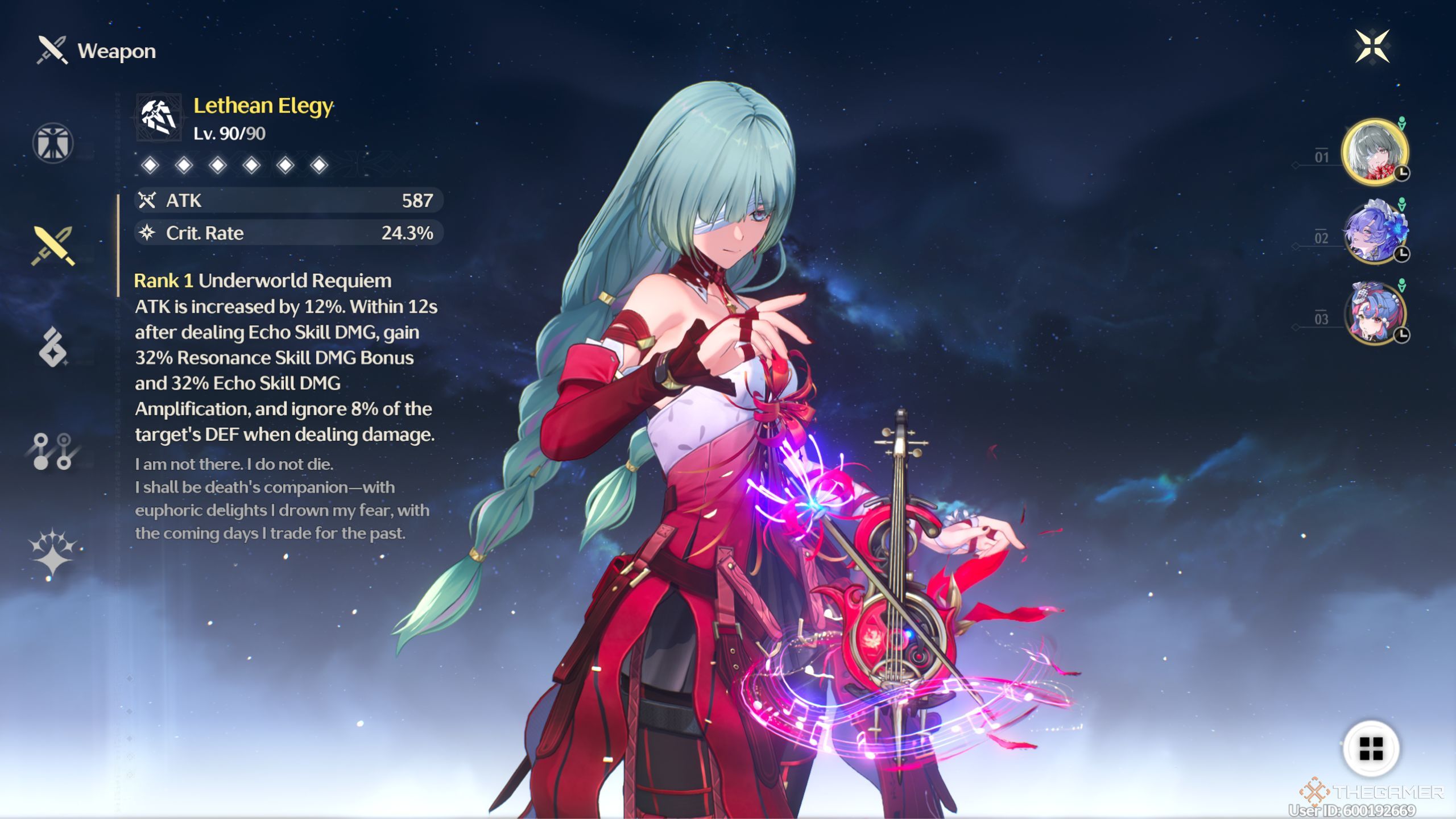 Wuthering Waves Phrolova weapon screen with Lethean Elegy.