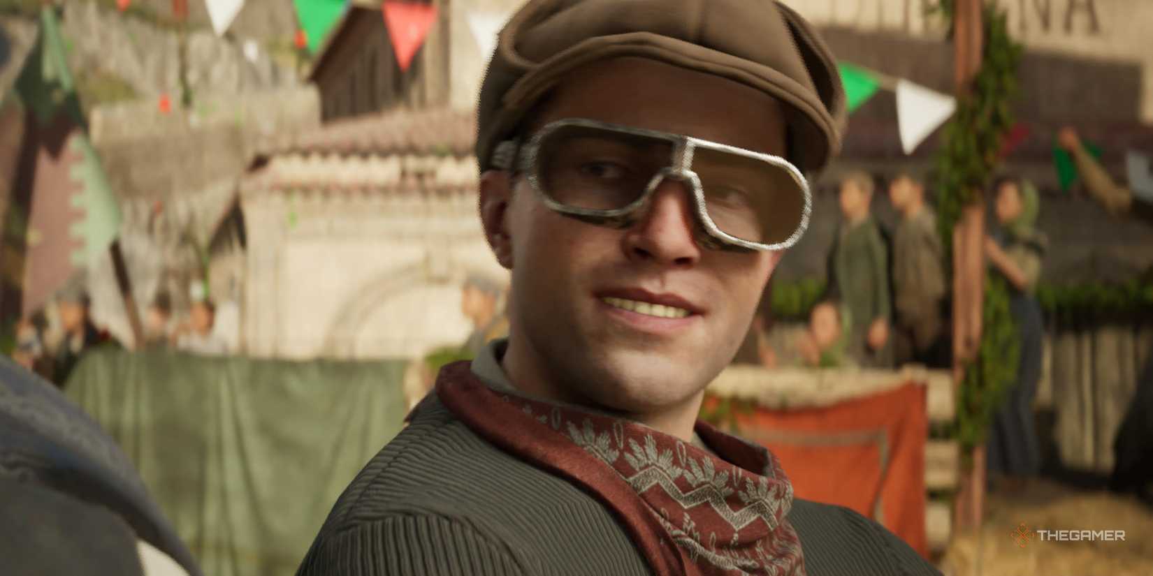 enzo favara smiles wearing a car racer's cap and goggles in mafia: the old country.
