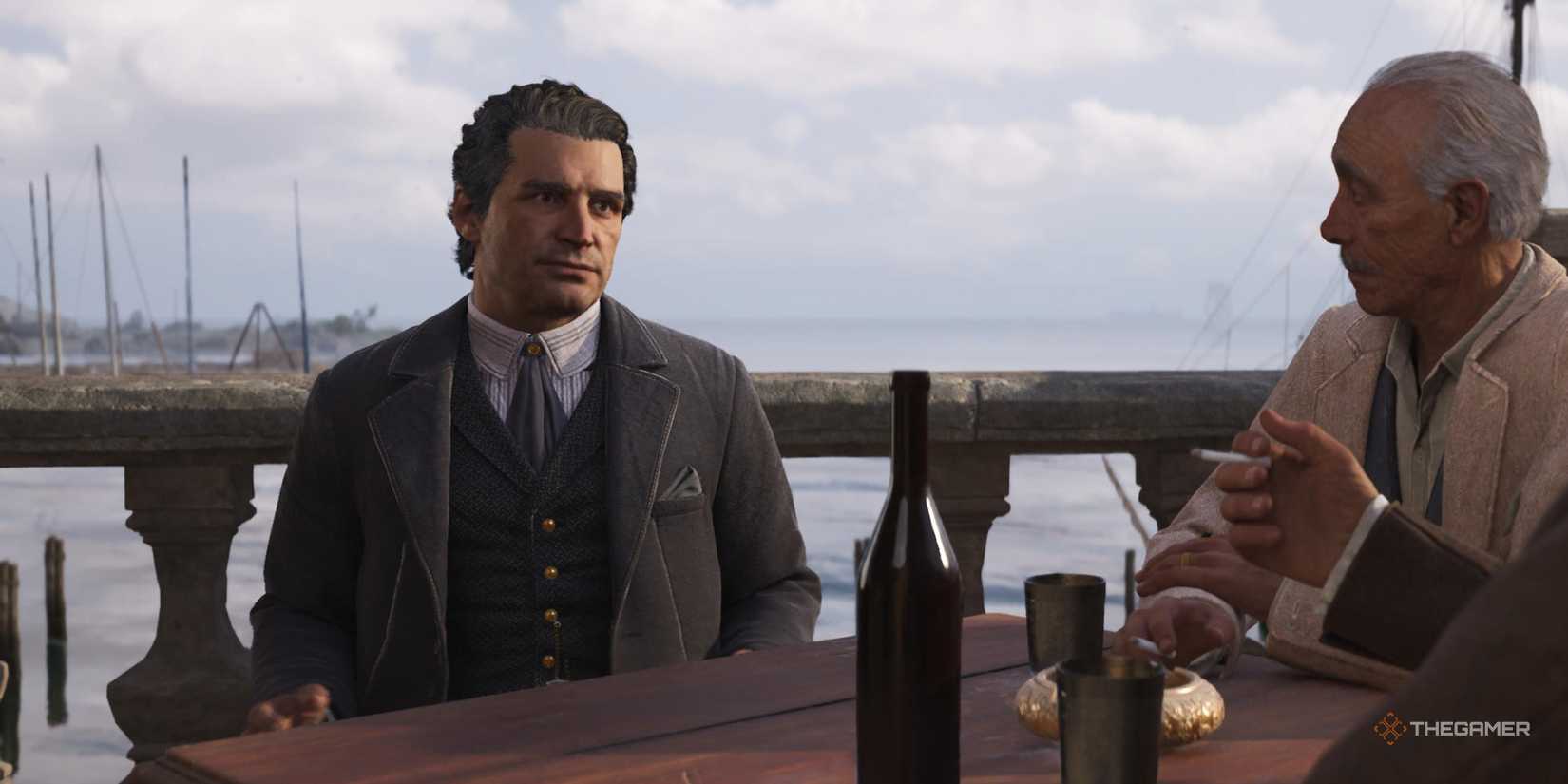 Dons Torrisi and Gallante meet with Baron Fontanella in Mafia: The Old Country.