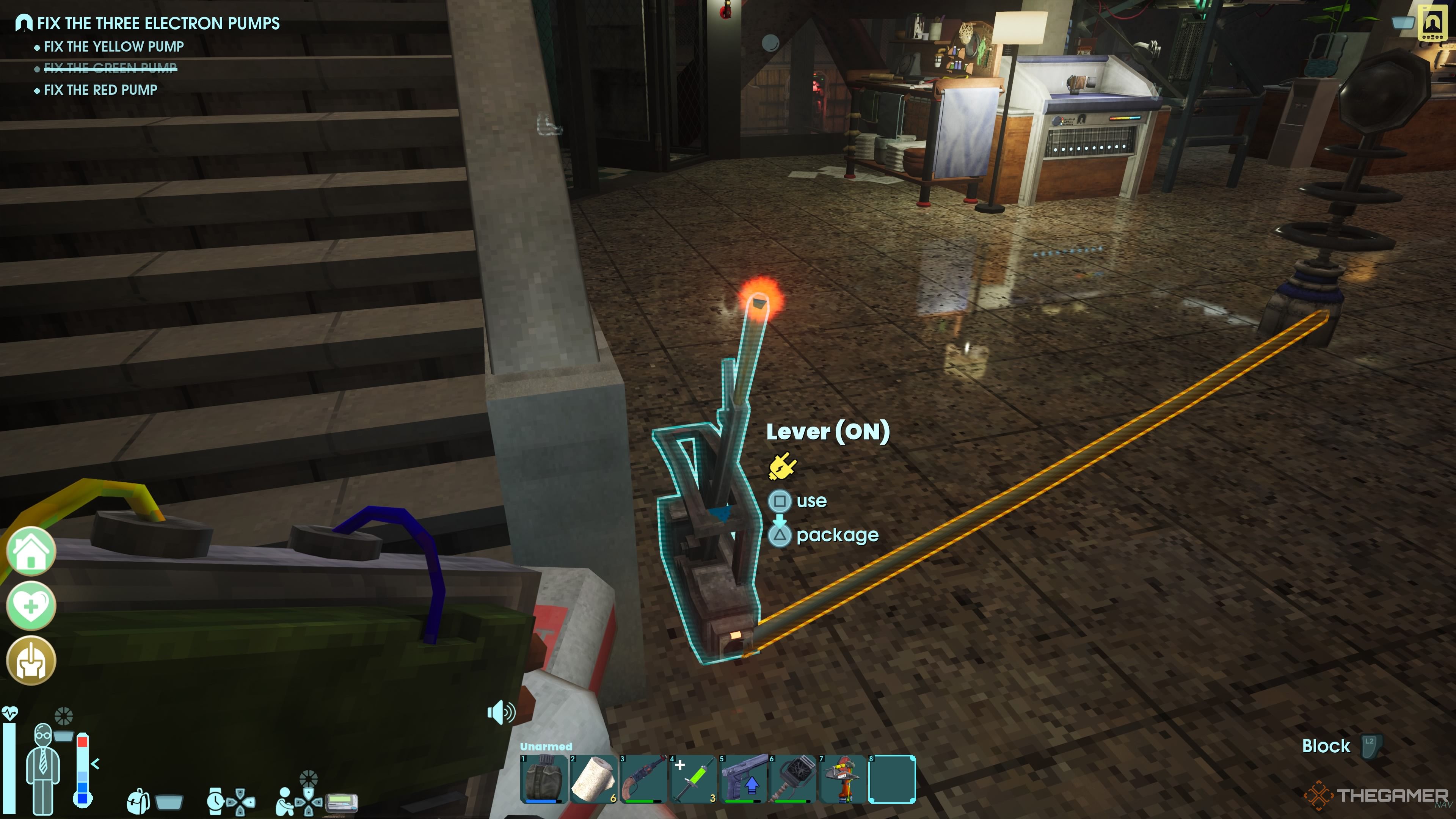 Player character connecting an unpowered Lever to an unpowered Tesla Coil in Abiotic Factor.