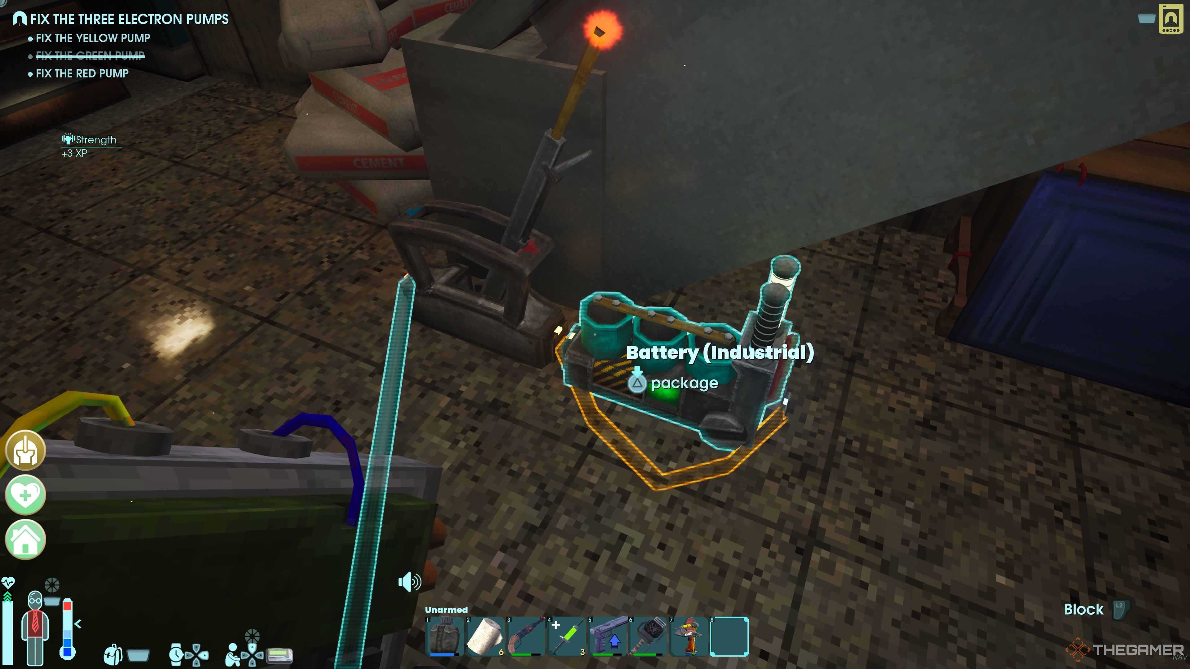 Player character connecting a Lever to an Industrial Battery in Abiotic Factor.