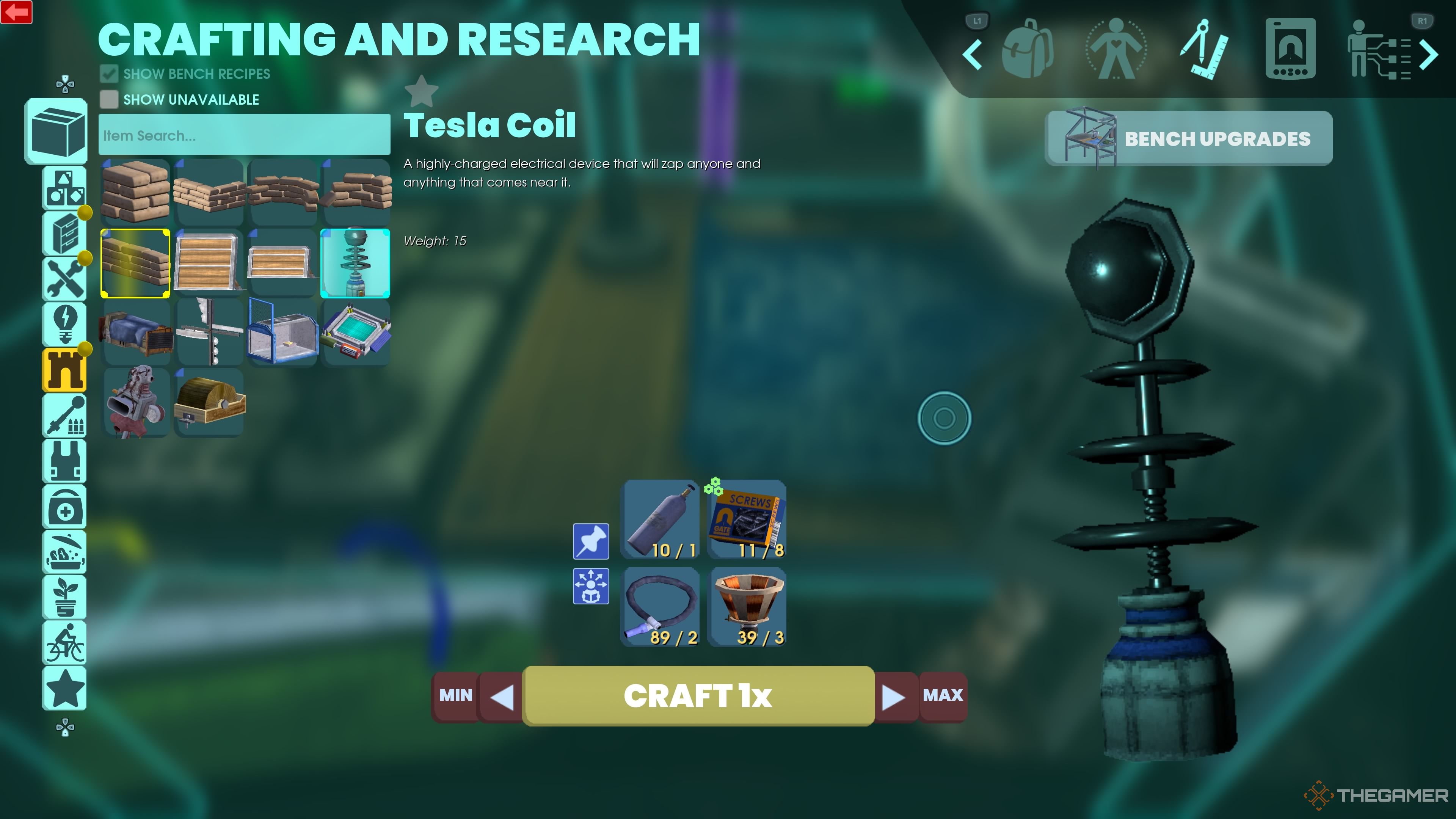 Crafting Menu showing the four components needed to craft a Tesla Coil in Abiotic Factor.