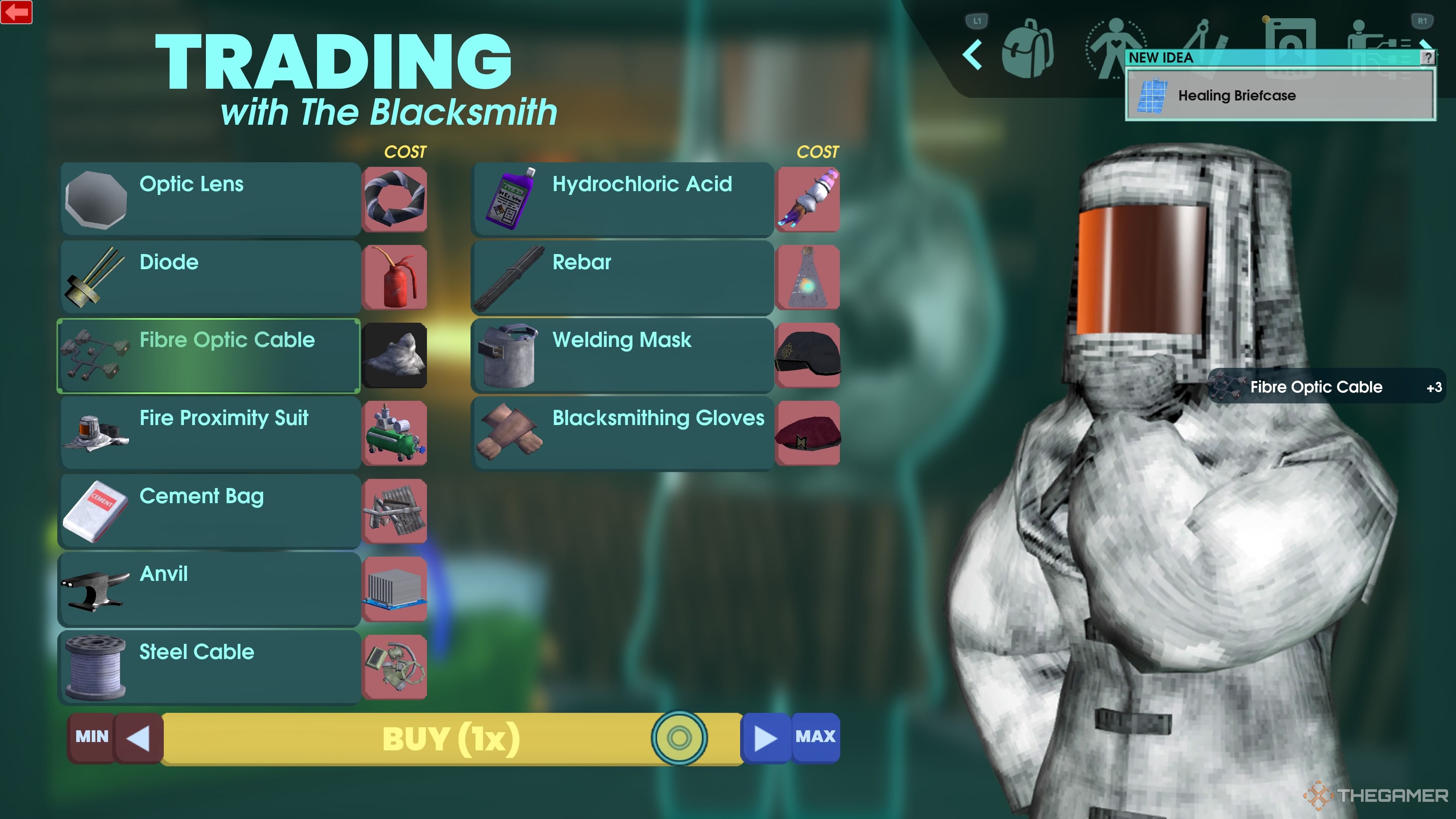 Player character in the trading menu for the Blacksmith and trading Solder for Fibre Optic Cables in Abiotic Factor.