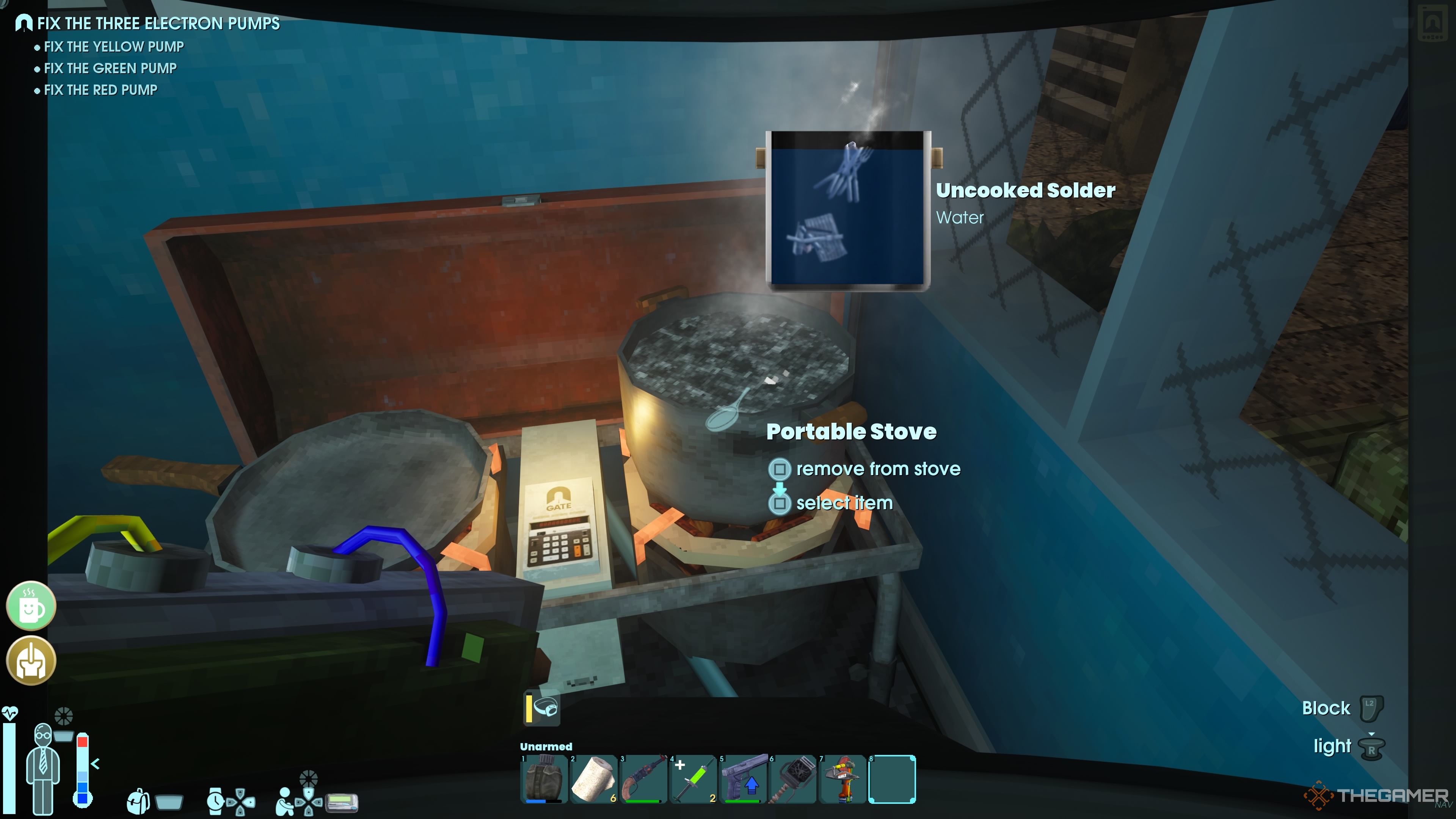 Player character cooking Silver Scrap and Metal Scrap in a Cooking Pot to make Solder in Abiotic Factor.