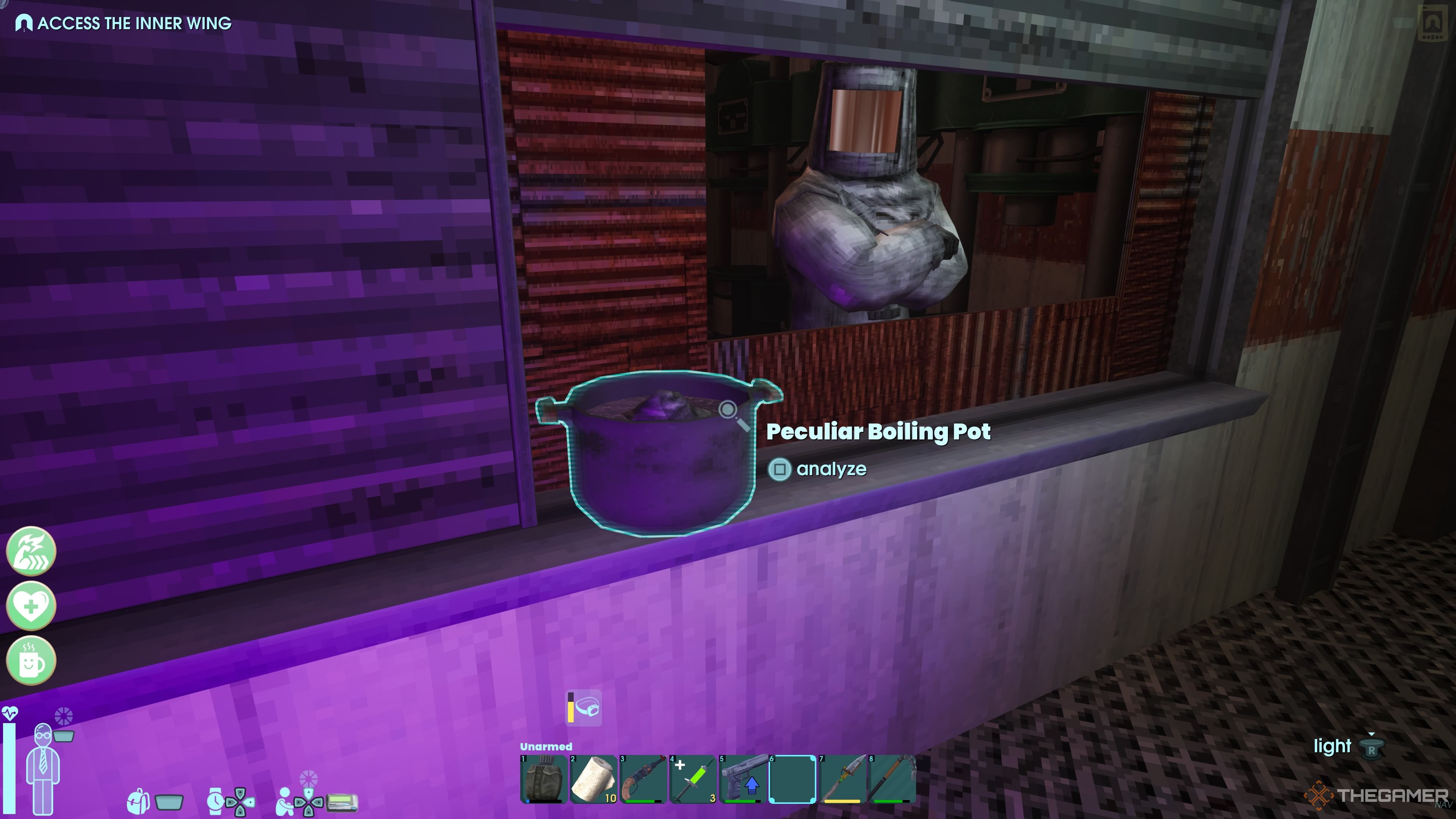 Player character investigating the Peculiar Boiling Pot near the Blacksmith in Abiotic Factor.