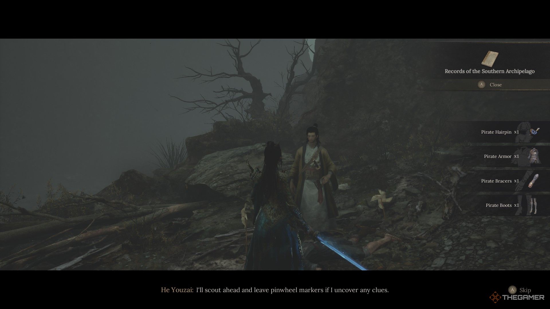 He Youzai gives Wuchang the Pirate Armour in Wuchang: Fallen Feathers.