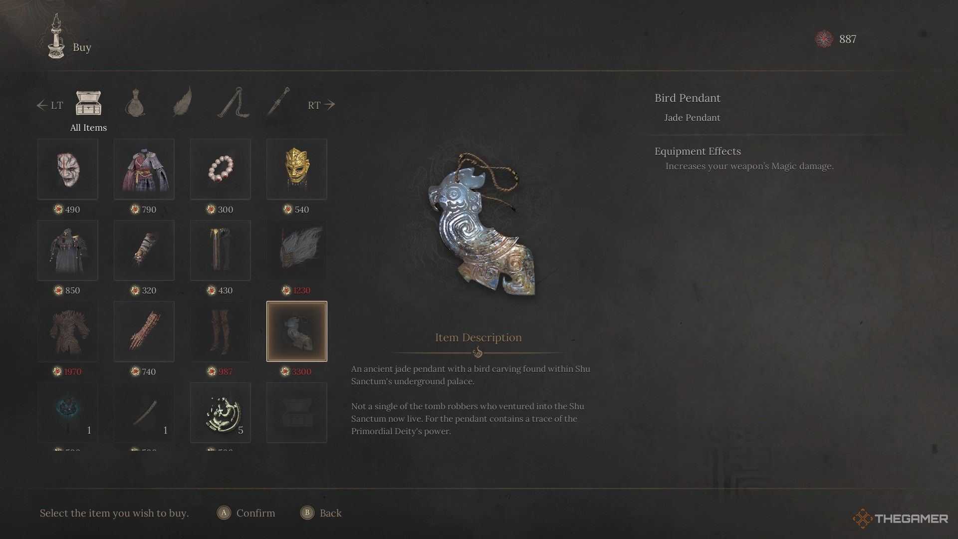 Wuchang buys the Bird Pendant from Tao Qing in Wuchang: Fallen Feathers.