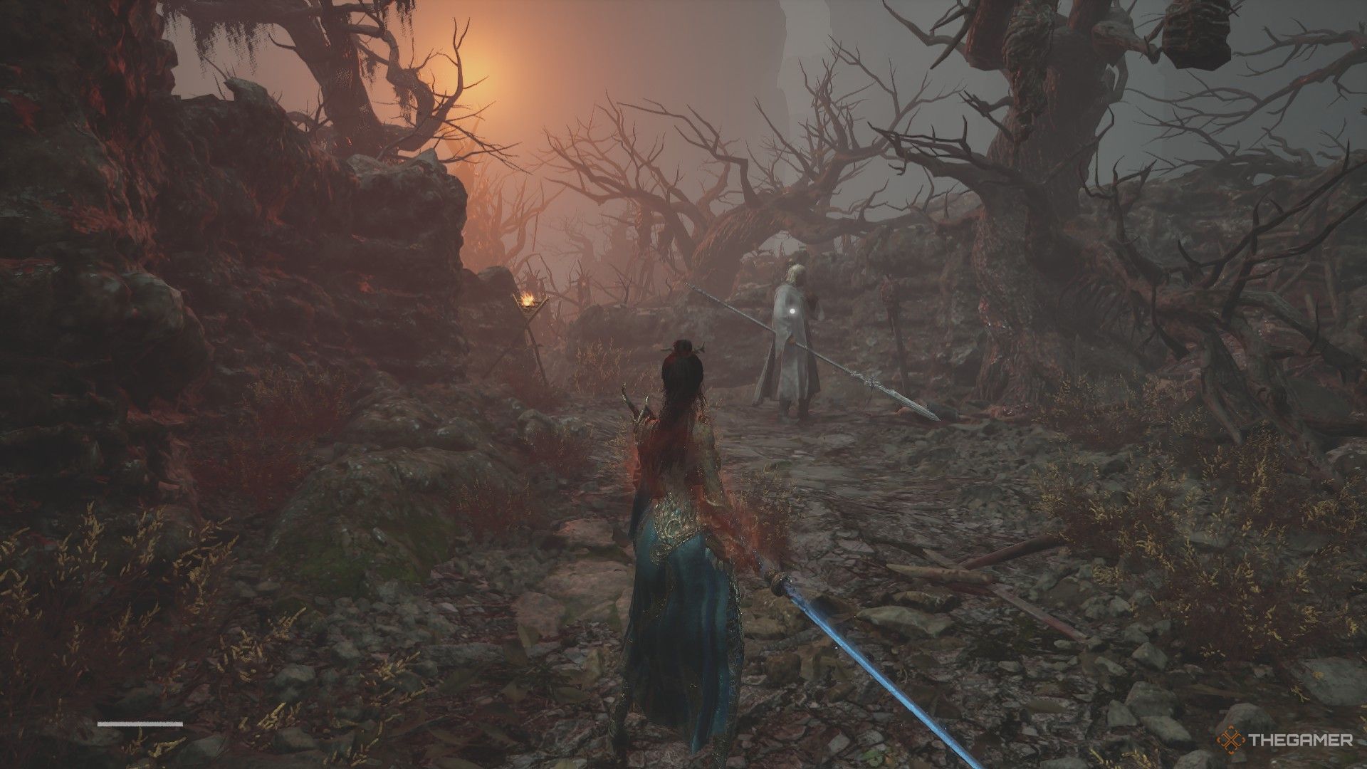 Wuchang finds the White-Robed Elder standing by a dead tree at Doomwill Beach in Wuchang: Fallen Feathers.