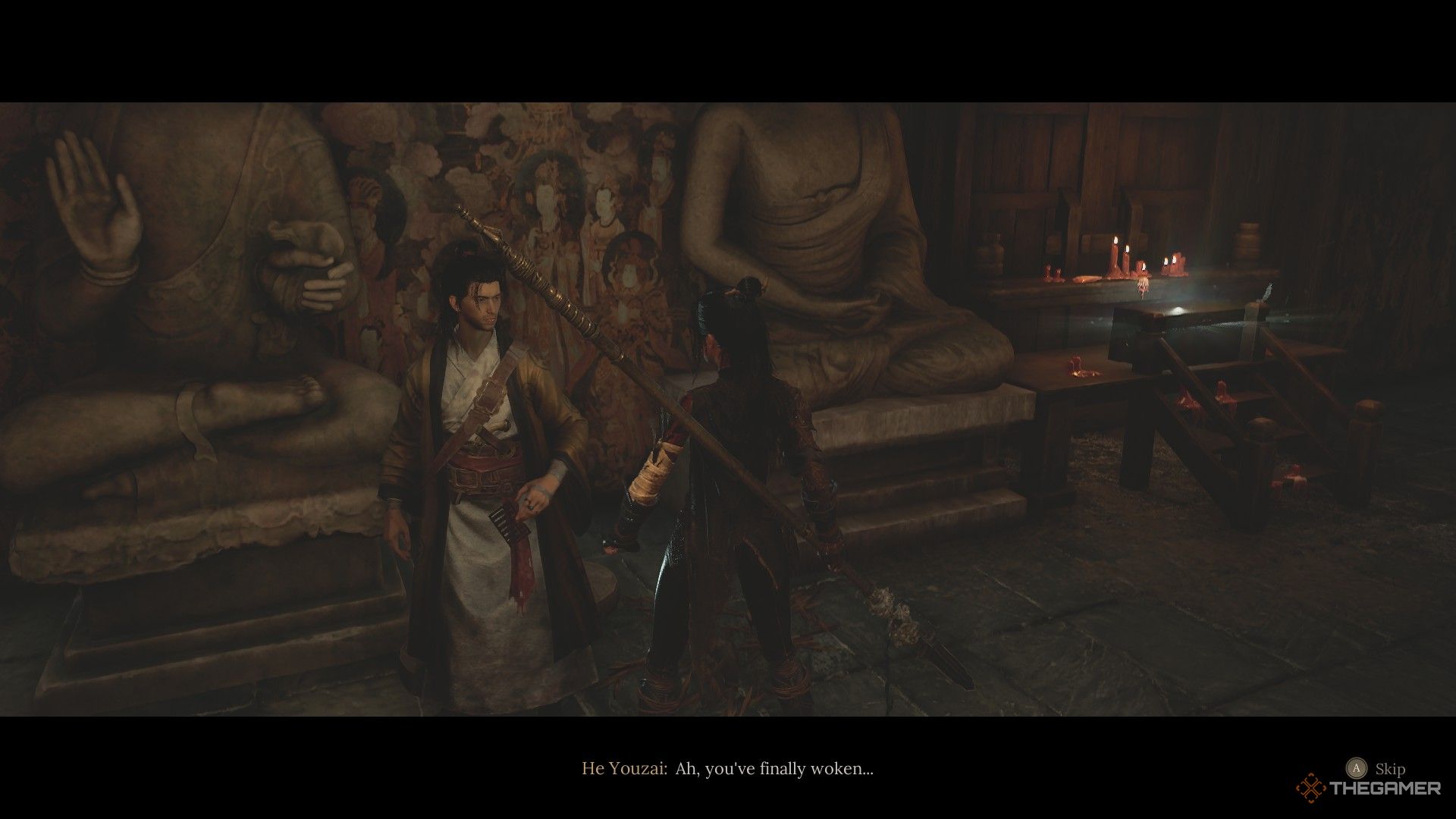 Wuchang speaks to He Youzai at the Reverent Temple after Honglan in Wuchang: Fallen Feathers.