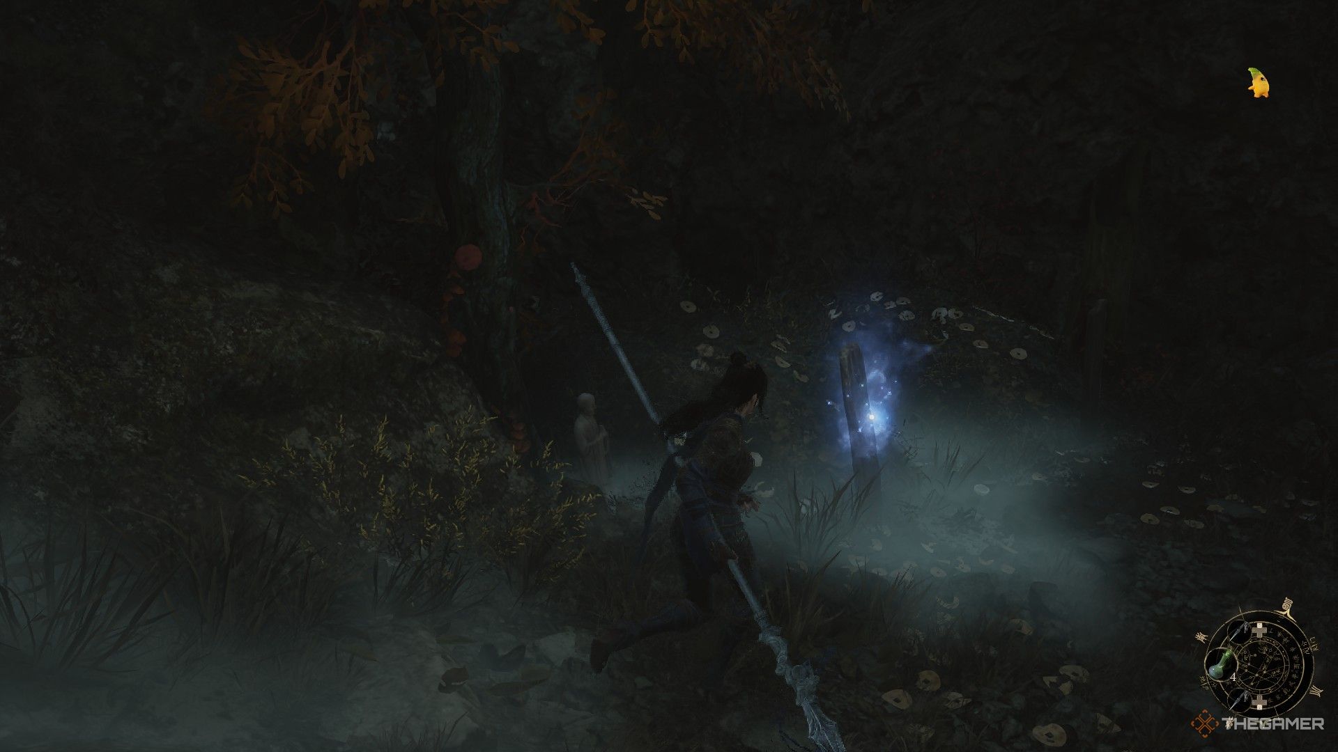 Wuchang finds the gravestone that holds the Shu Silk Scarf in Wuchang: Fallen Feathers.