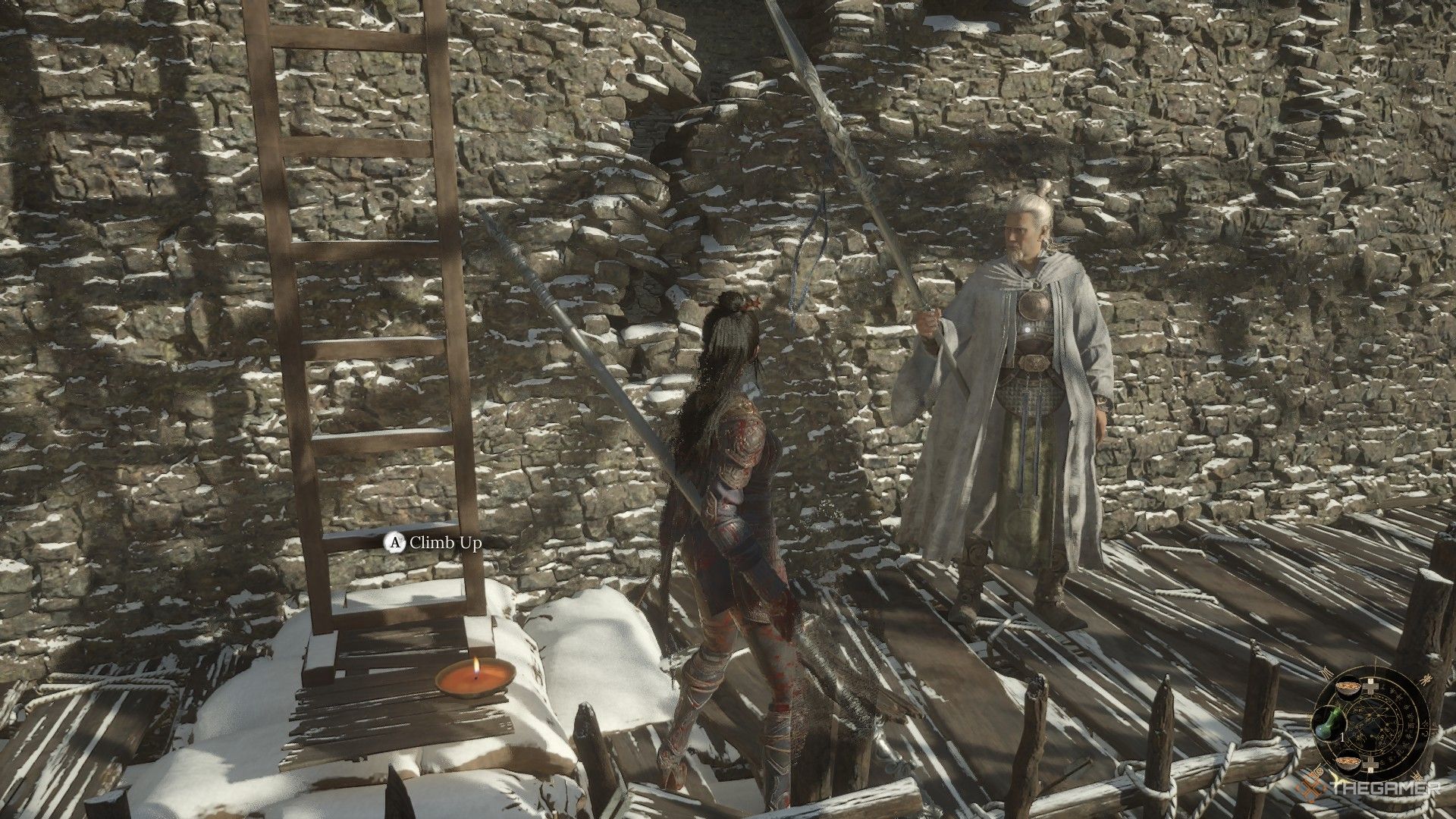 Wuchang finds the White Robed Elder on a tower in the Cloudspire Outskirts in Wuchang: Fallen Feathers.