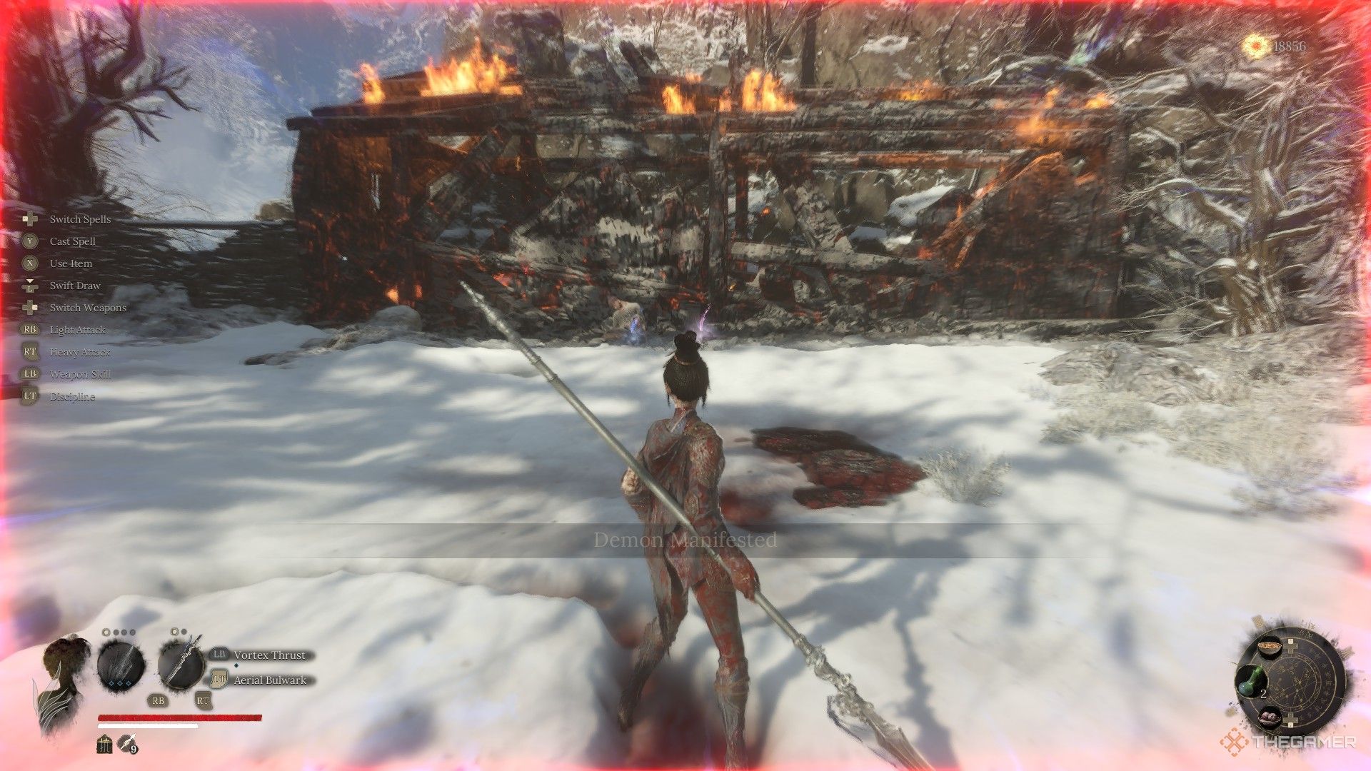 Wuchang is warned of a demon manifesting at a burning building in Cloudspire Outskirts in Wuchang: Fallen Feathers.