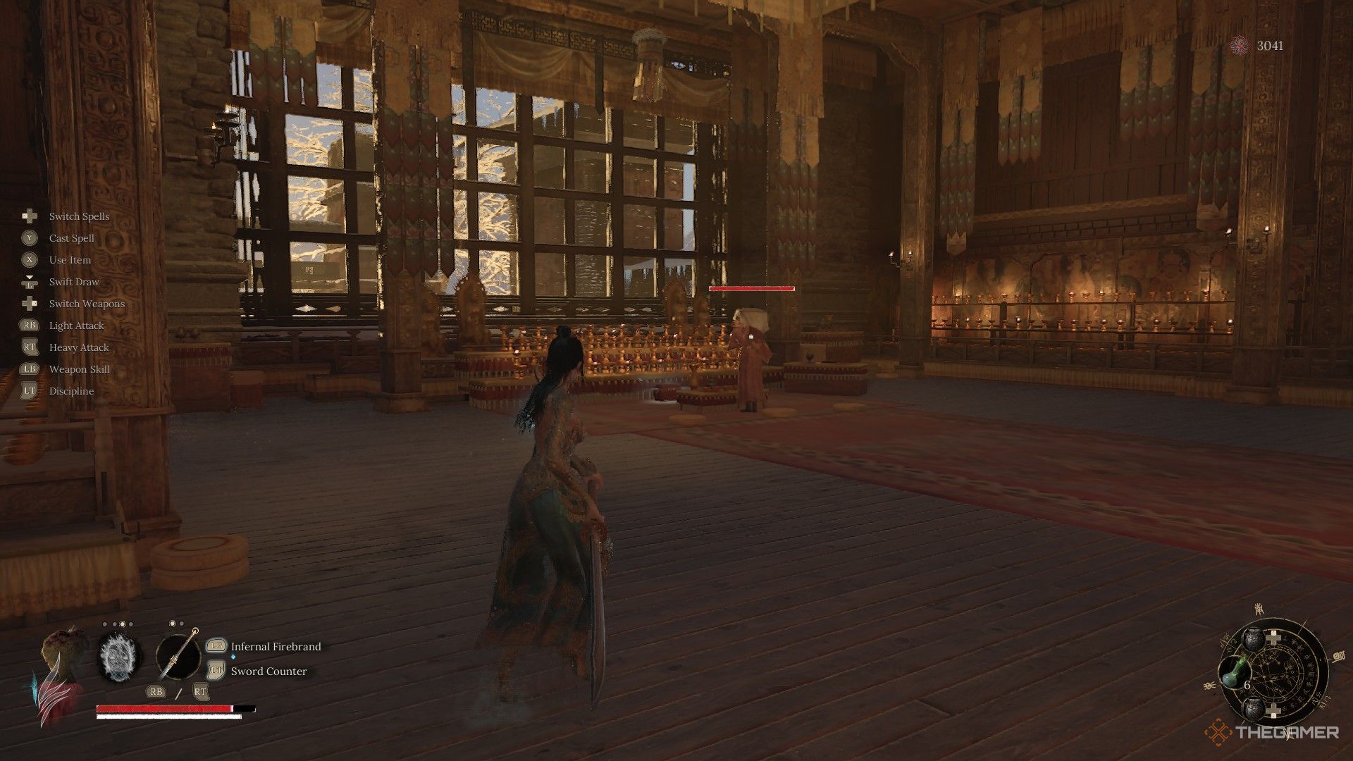 Wuchang locks onto a flute player in the Snowfall Palace guarding the Dragonling Pendant in Wuchang: Fallen Feathers.