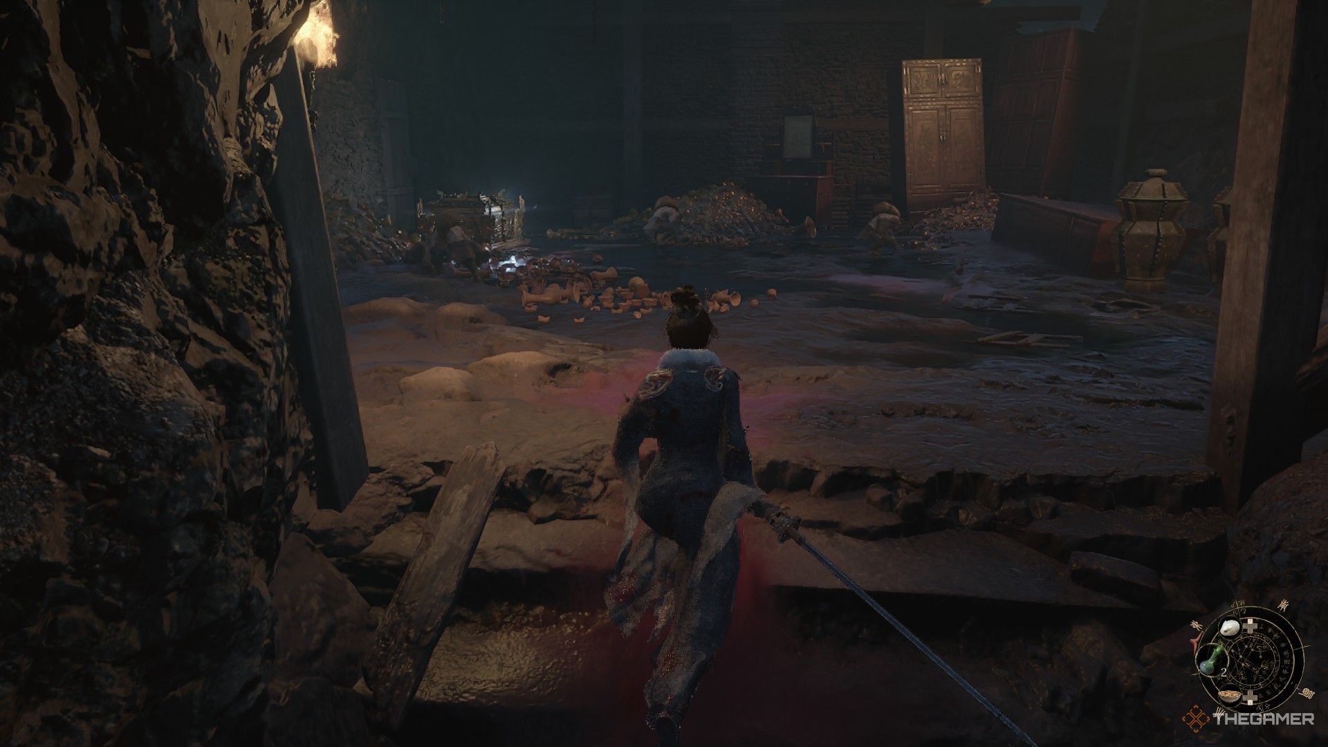 Wuchang finds a room with a shortcut to the entrance and a Forgotten Remembrance chest in The Shaft in Wuchang: Fallen Feathers.