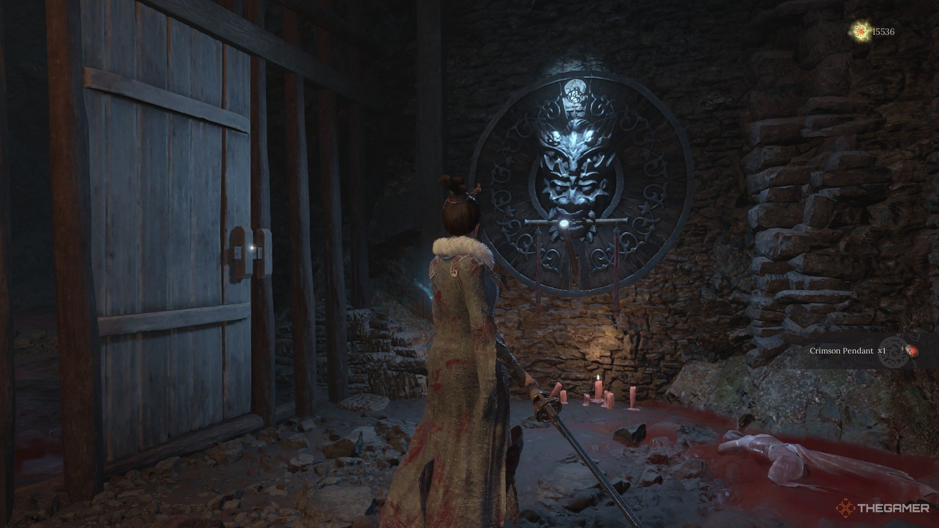 Wuchang finds the Crimson Pendant in the Shaft Entrance near a lever in Wuchang: Fallen Feathers.