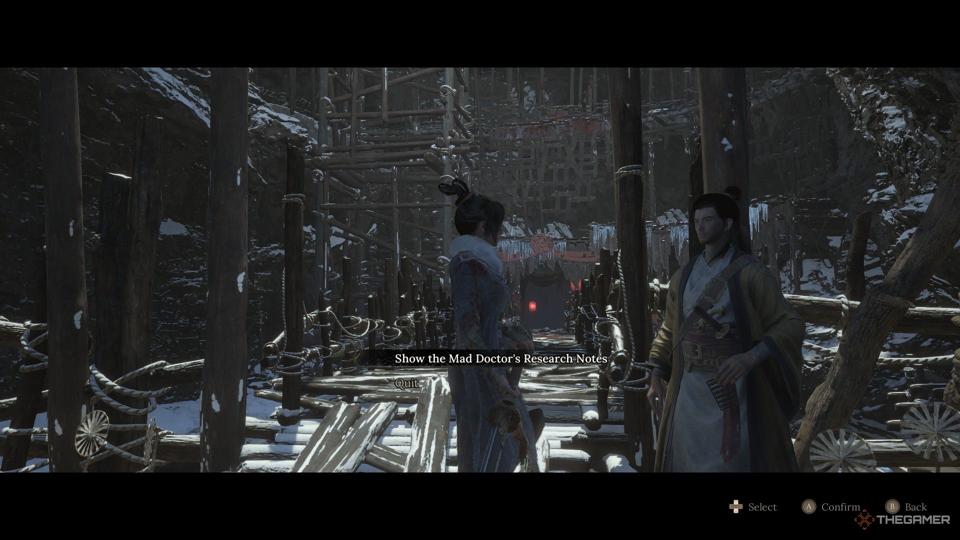Wuchang shows the Mad Doctor's Research Notes to He Youzai in Wuchang: Fallen Feathers.