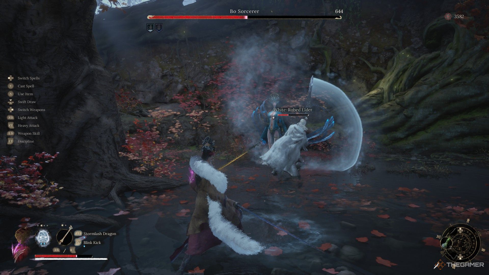 Wuchang watches the White Robed Elder fight against the Bo Sorcerer in Wuchang: Fallen Feathers.