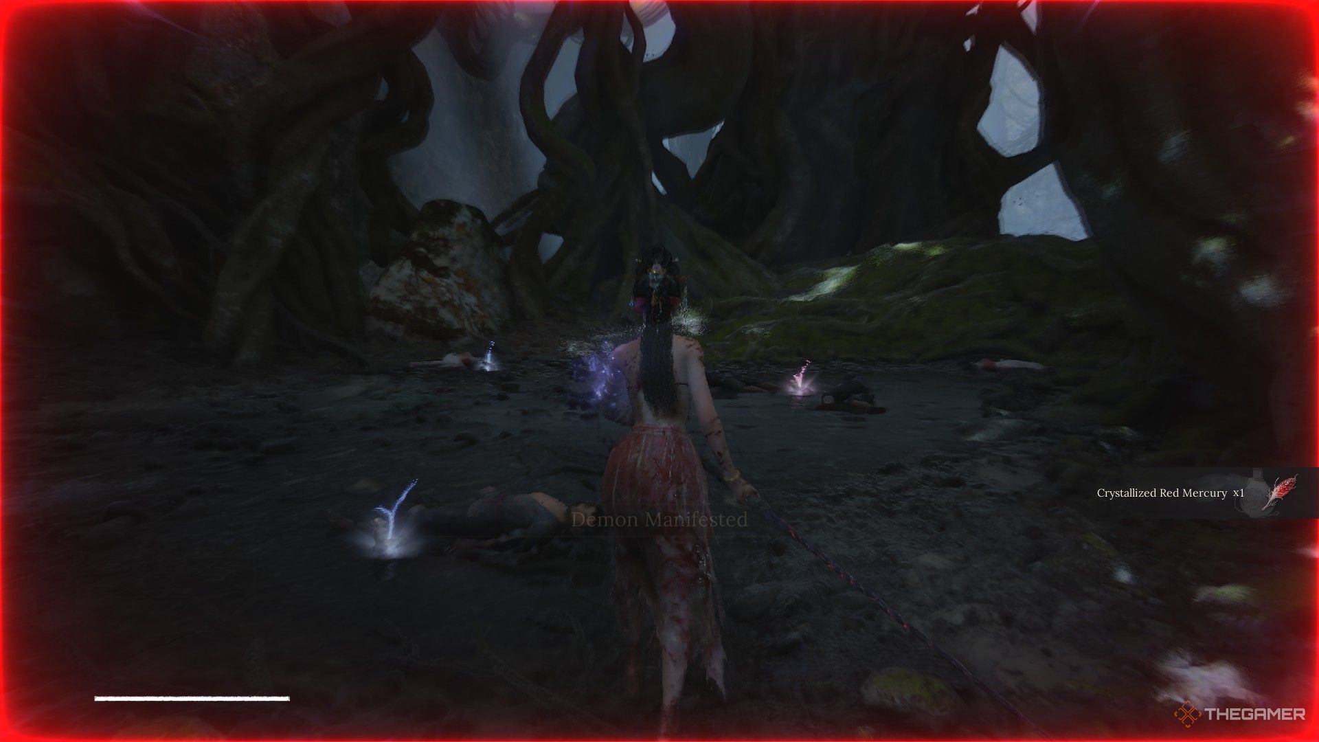 Wuchang falls into a hole and manifests a demon in the Avian Marsh in Wuchang: Fallen Feathers.