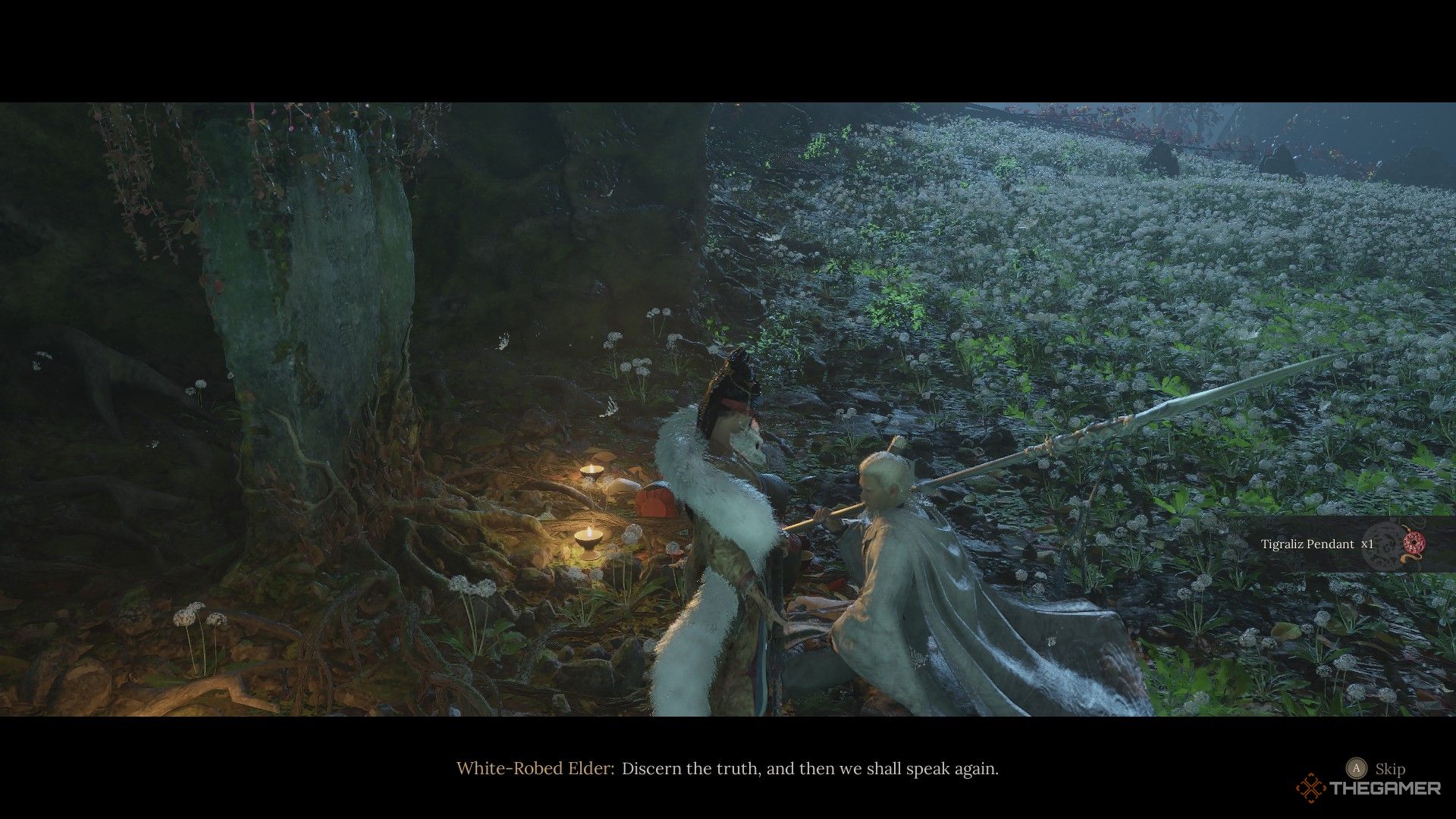 White Robed Elder gives Wuchang the Tigarliz Pendant at the Tomb in Wuchang: Fallen Feathers.