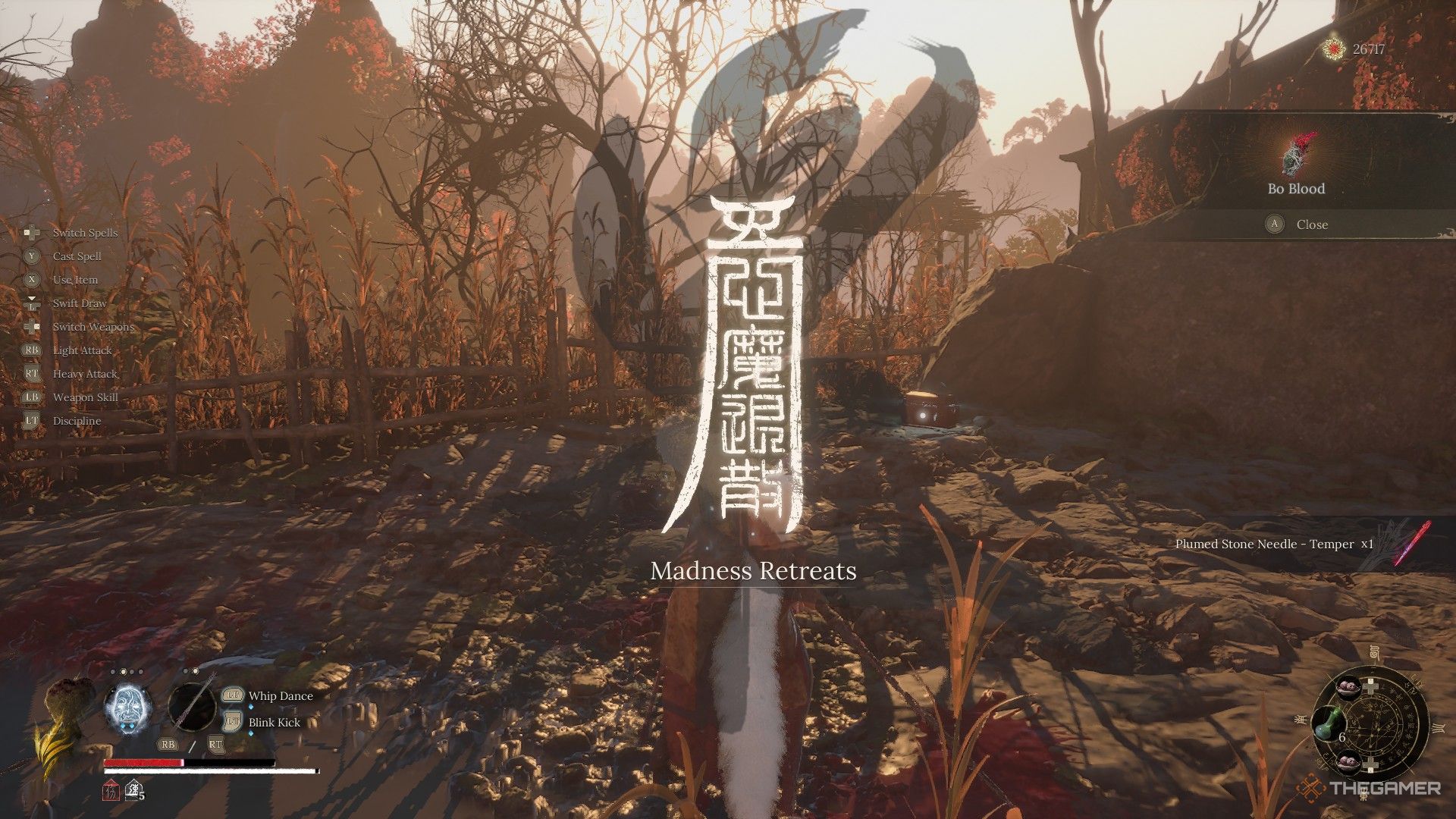 Wuchang banishes a demon and receives Bo Blood as a reward in Wuchang: Fallen Feathers. 