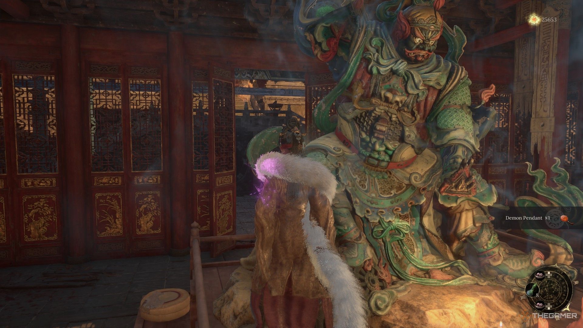 Wuchang falls onto the Mt. Zhenwu Antechamber Statue and picks up the Demon Pendant in Wuchang: Fallen Feathers.