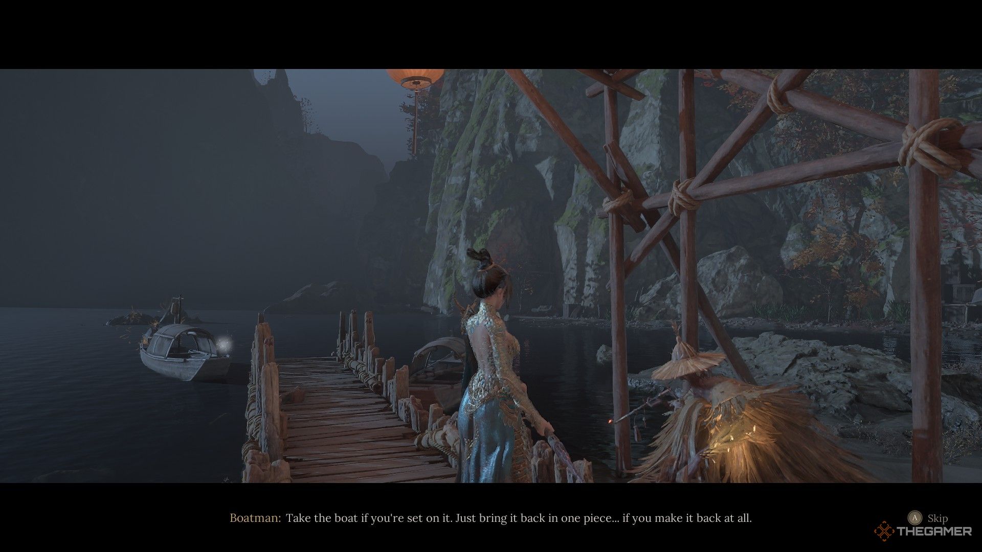 The Boatman tells Wuchang to use his boat to Bai Mansion in Wuchang: Fallen Feathers.