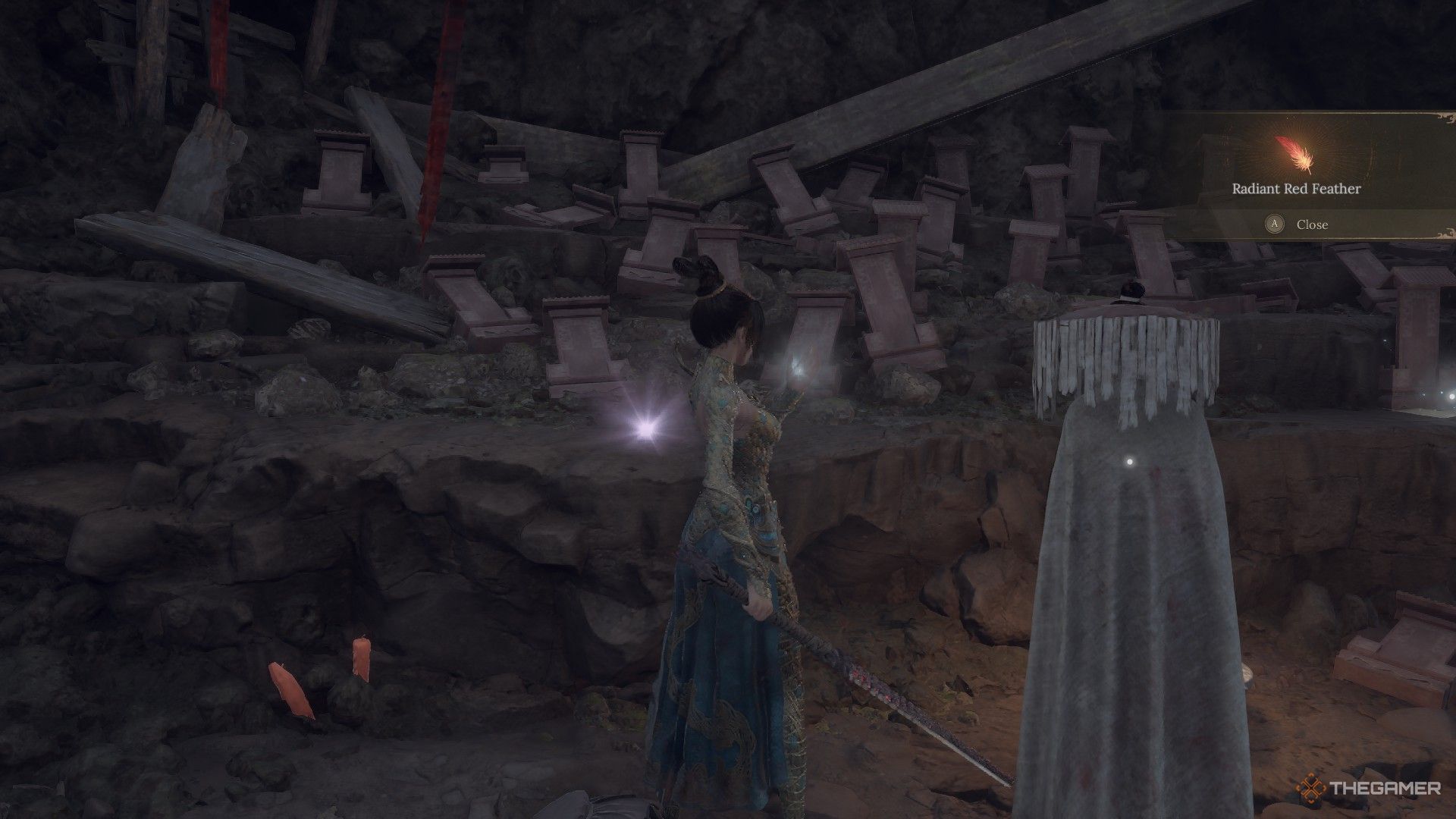 Wuchang picks up a Radiant Feather at the Bai Mansion next to the Plain Warrioress in Wuchang: Fallen Feathers.